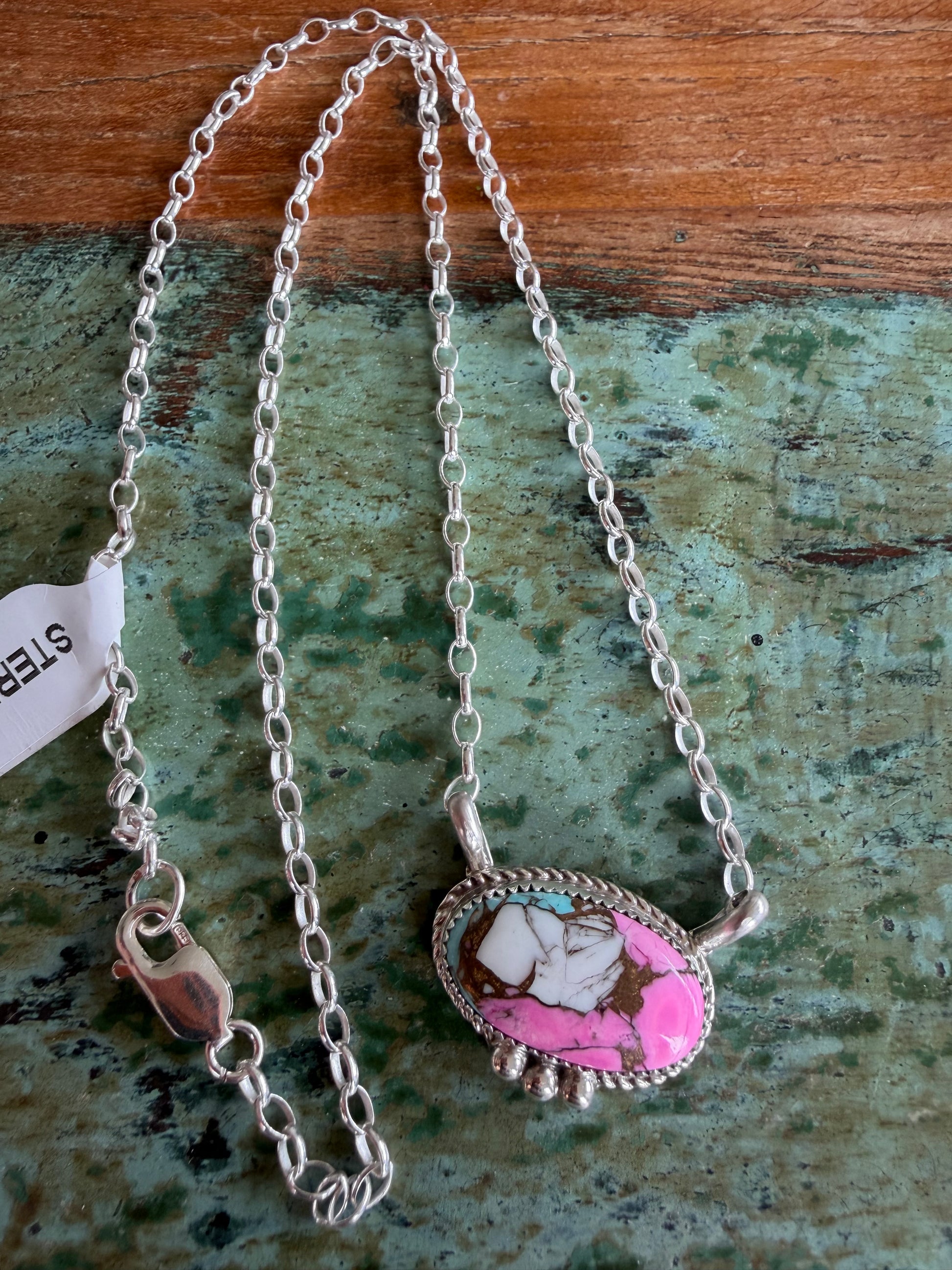 Native American Handmade Cotton Candy Pendant-Sterling Silver Necklace 18”