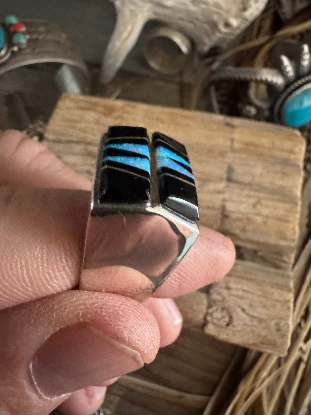 Calvin Begay Zuni Inlay Black Onyx-Turquoise Inlay Ring Size 12.5