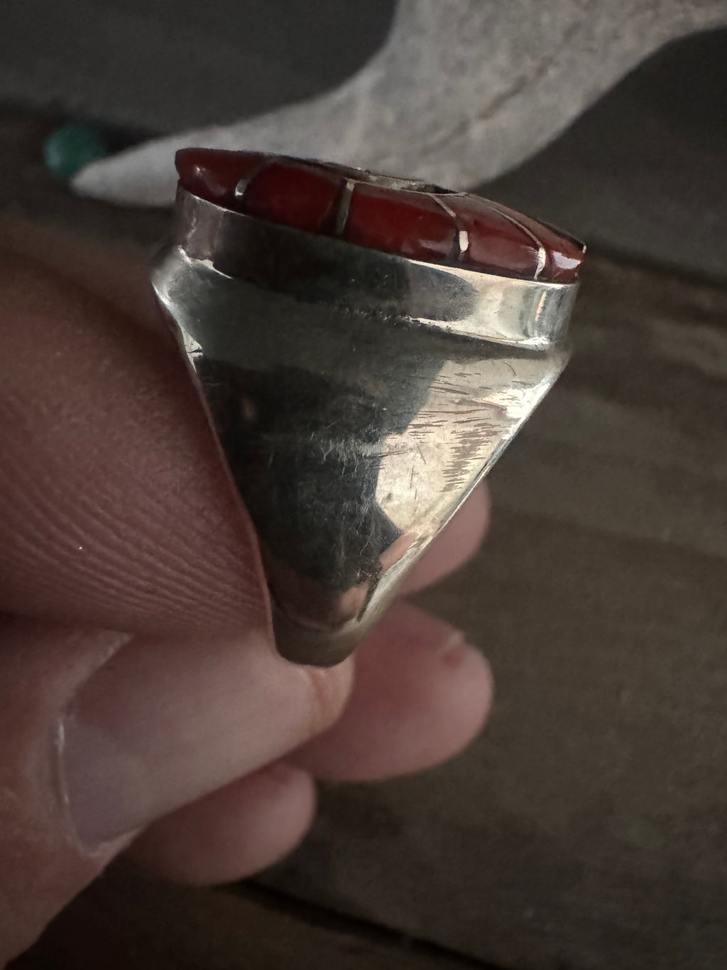 Turquoise-Mother of Pearl-Coral Handmade Ring Size 9.5