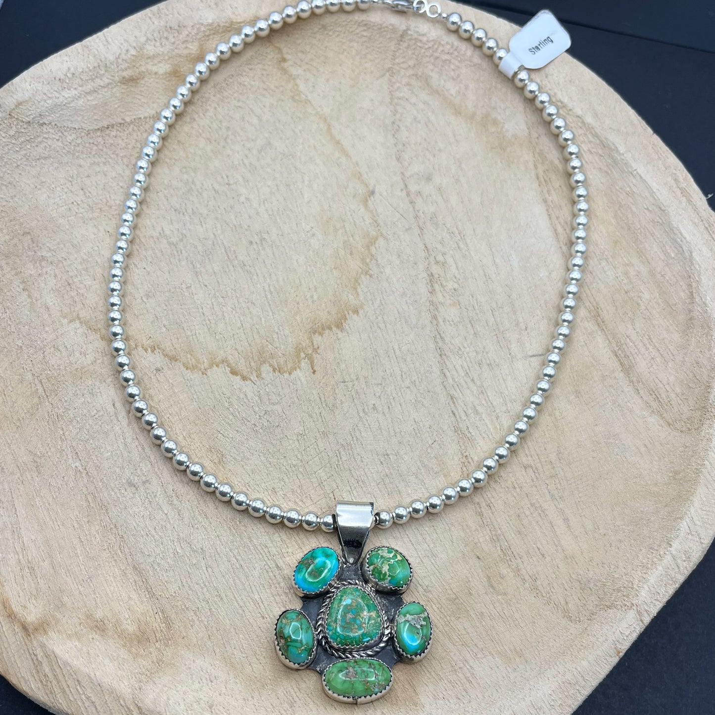 Authentic Native American Sterling Silver Turquoise Flower Cluster Pendant and Navajo Pearl Necklace