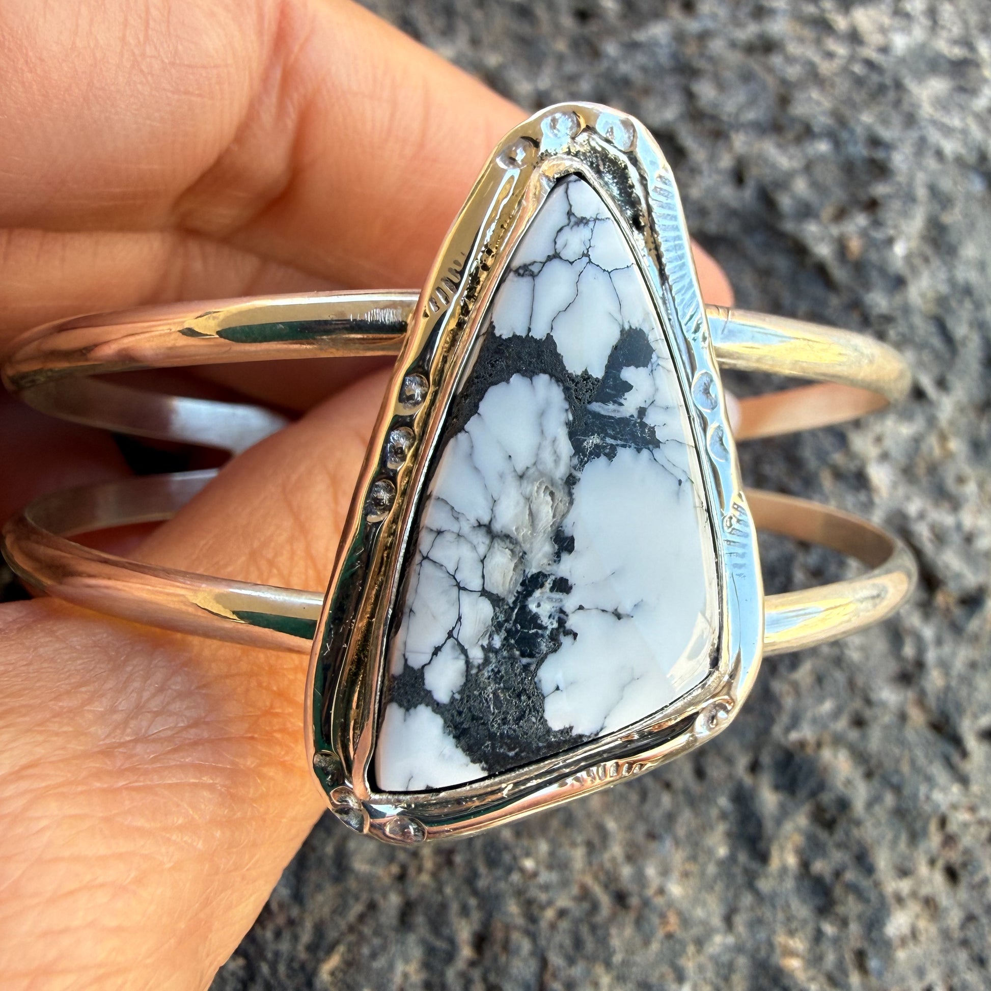 Authentic Native American Handmade Sterling Silver and White Buffalo Cuff Bracelet