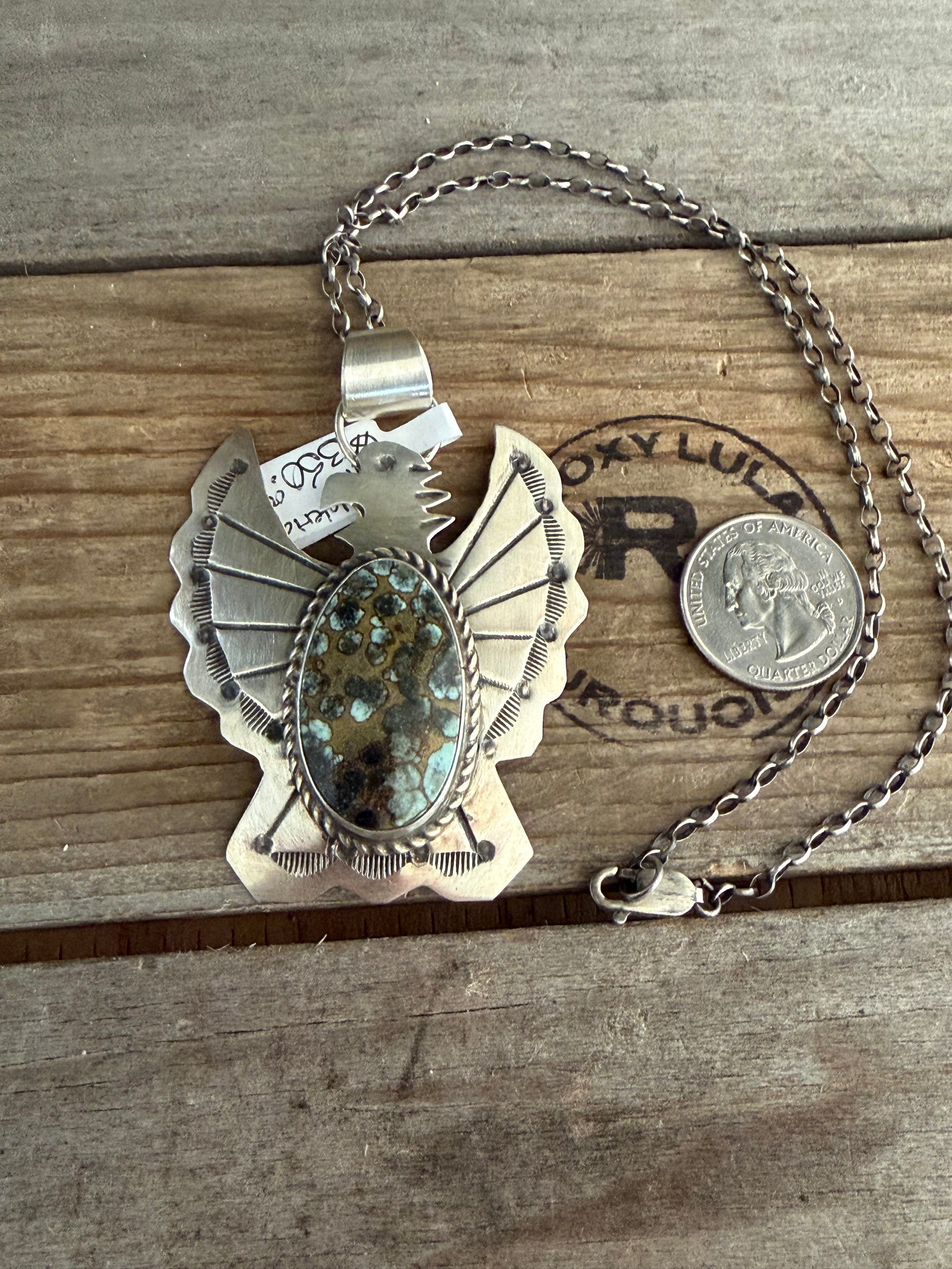 Native American Handmade Sterling Silver Desert Bloom Variscite Thunderbird Necklace 16” Sterling Silver Chain