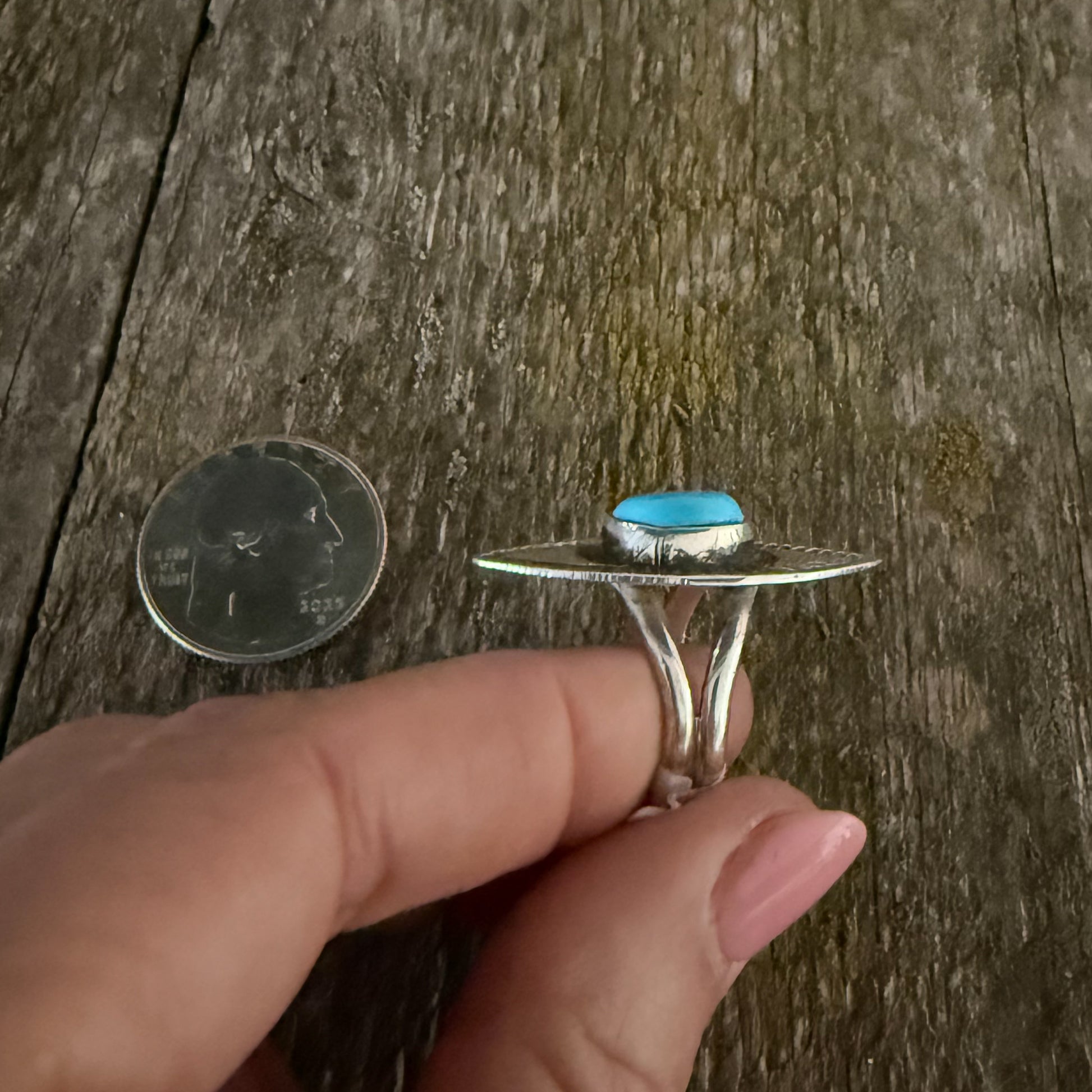 Authentic Native American Handmade Stamped Sterling Silver and Kingman Turquoise Ring  Size 8 1/2.
