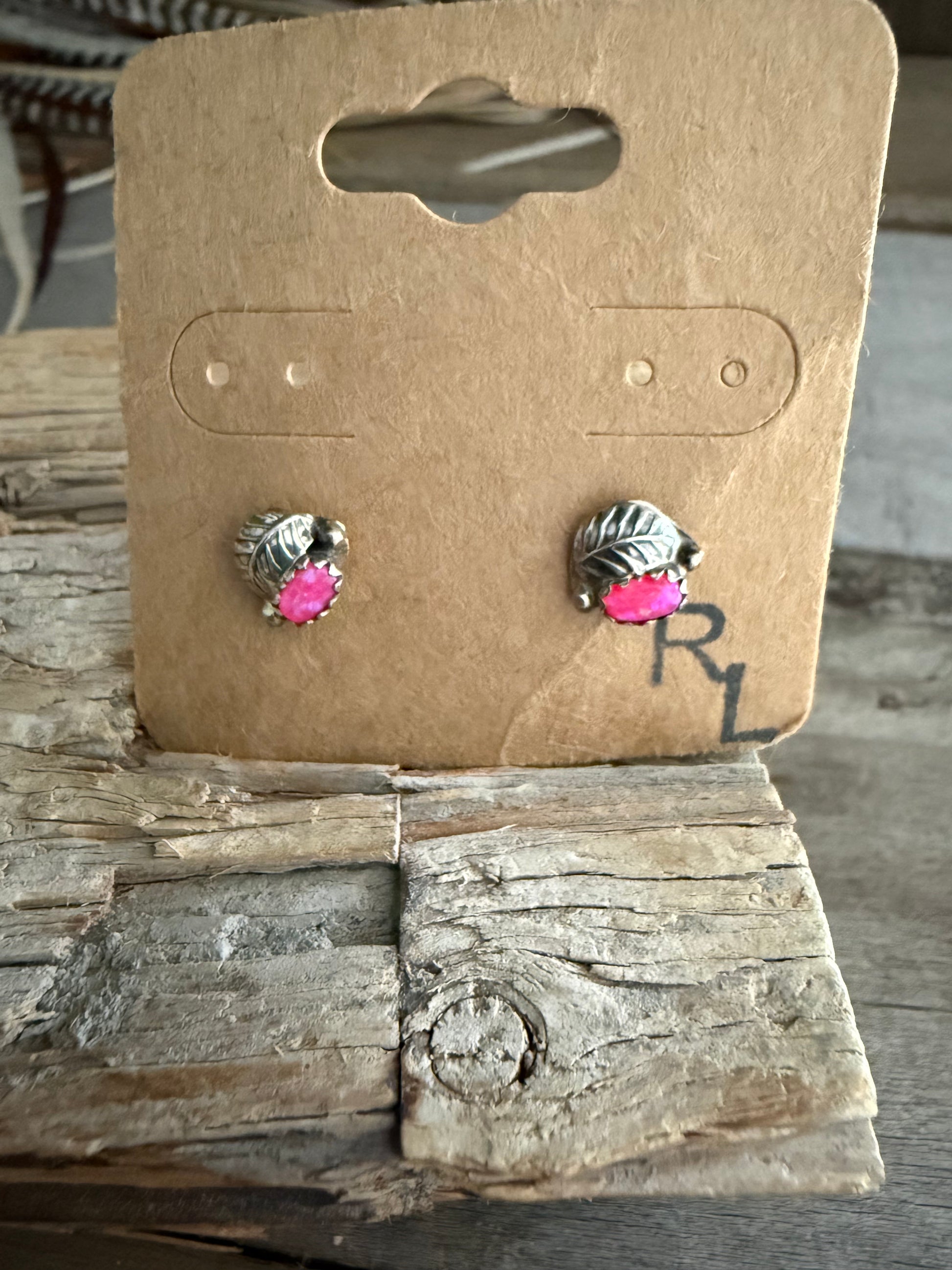 Authentic Native American Sterling Silver and Hot Pink Opal Stud Earrings