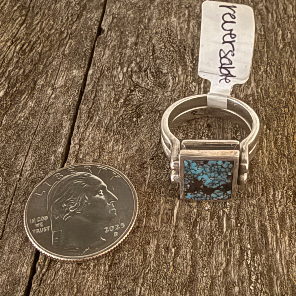 Authentic Native American Sterling Silver and Turquoise Reversible Star Stamped Ring Size 9.