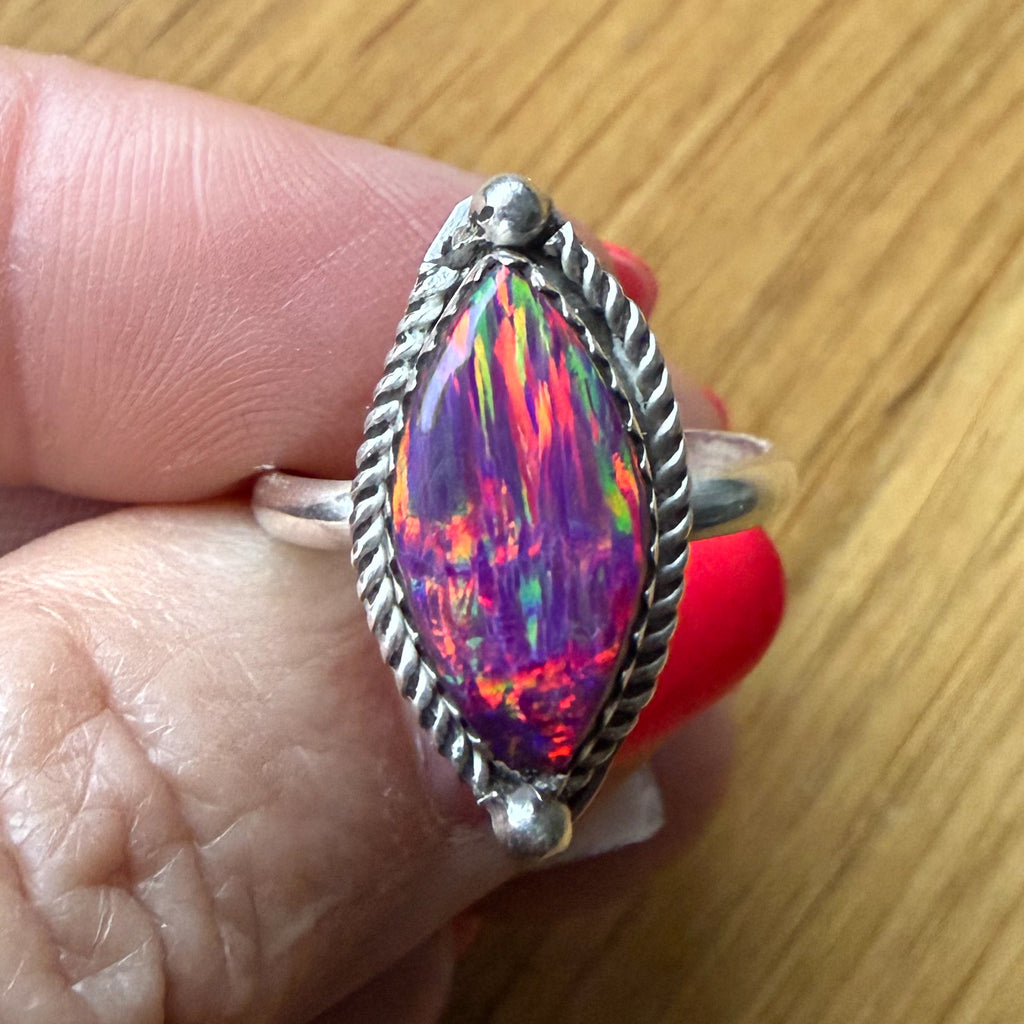 Native American Handmade Sterling Silver and Opal Ring       size 7 3/4.