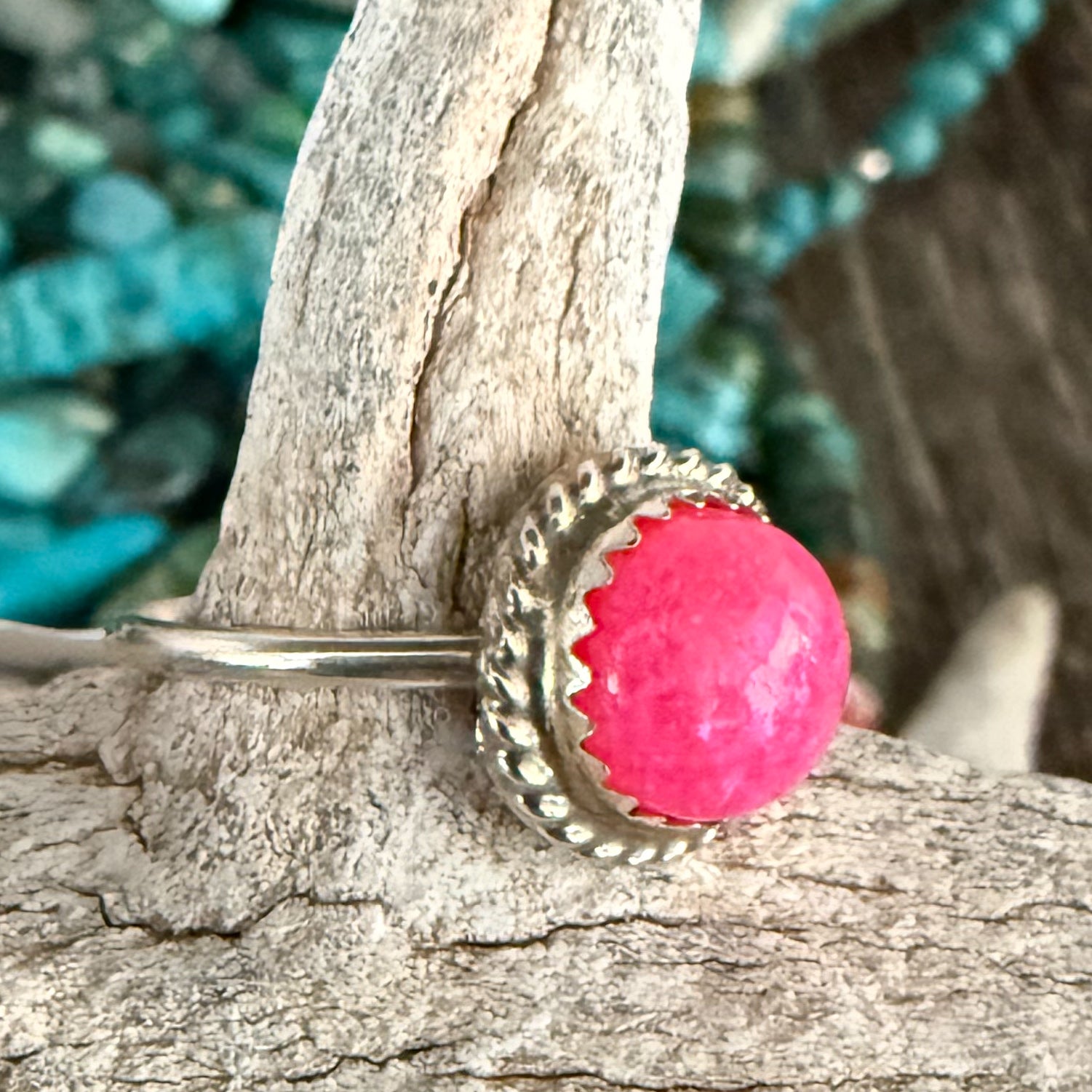 Authentic Native American Handmade Sterling Silver and Hot Pink Opal Ring size 8.