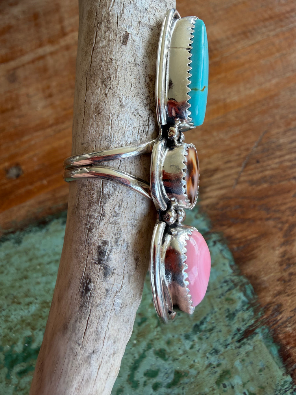 Native American Handmade Cowrie Shell-Conch-Turquoise Triple Stack Ring Size 7.75