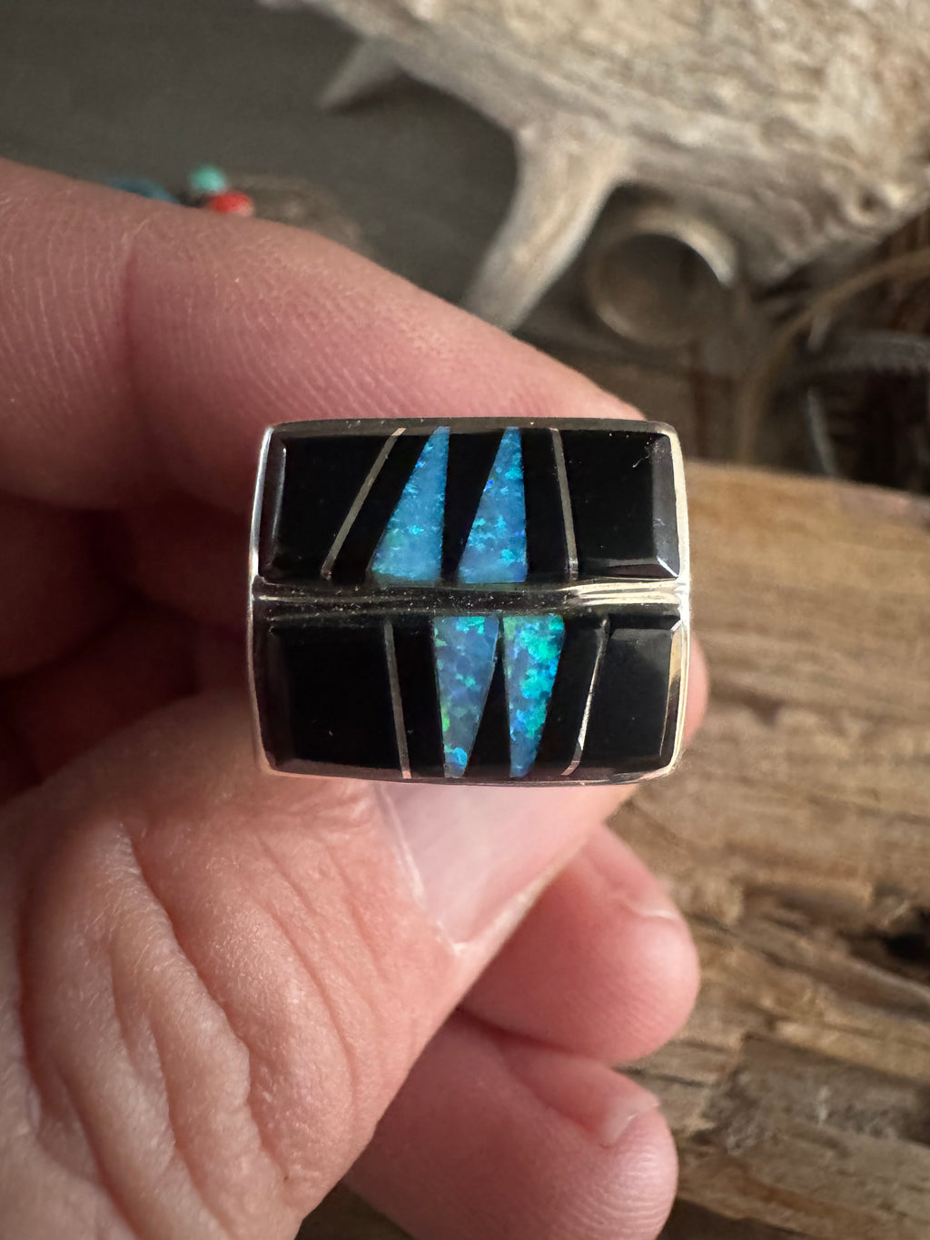 Calvin Begay Zuni Inlay Black Onyx-Turquoise Inlay Ring Size 12.5