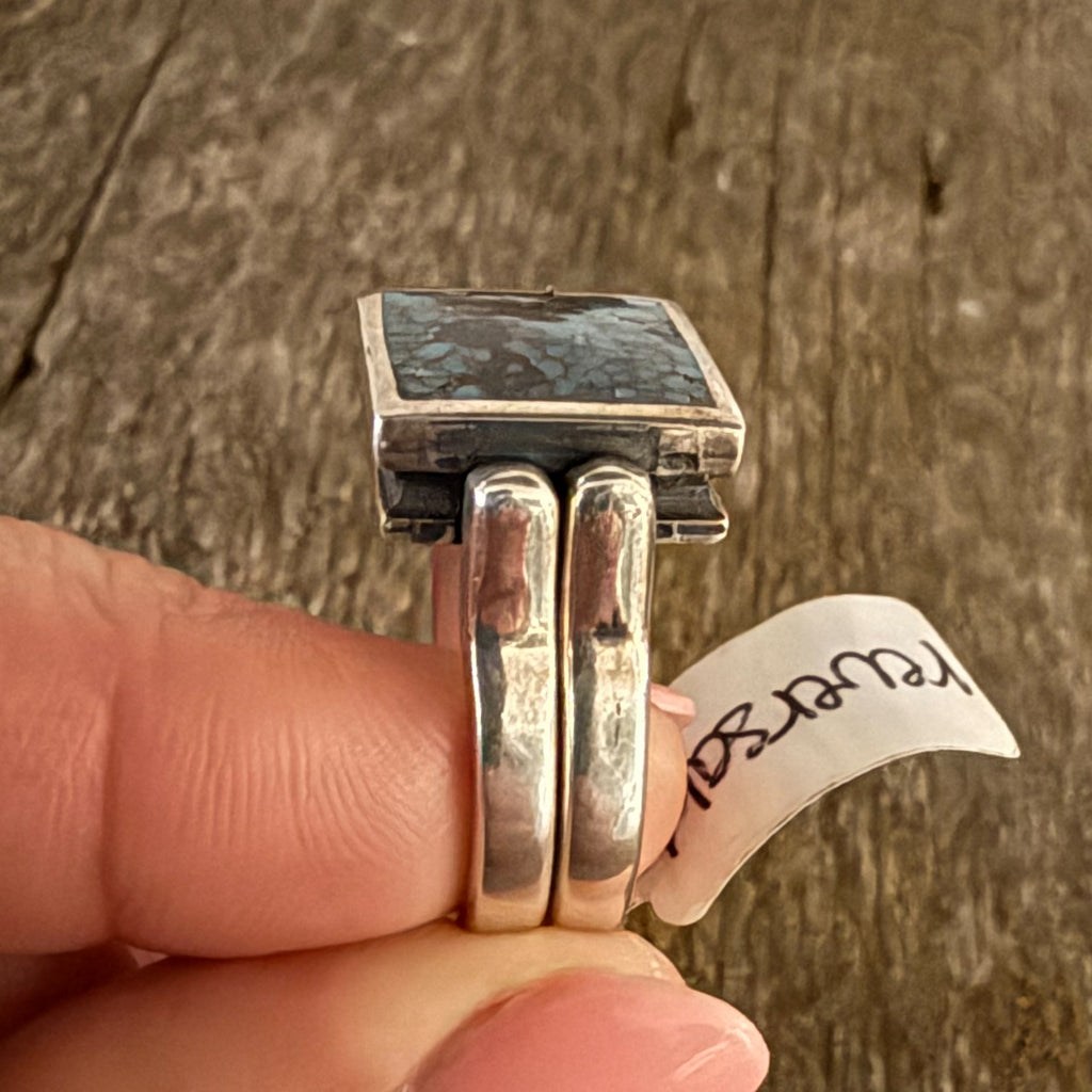 Authentic Native American Sterling Silver and Turquoise Reversible Star Stamped Ring Size 9.
