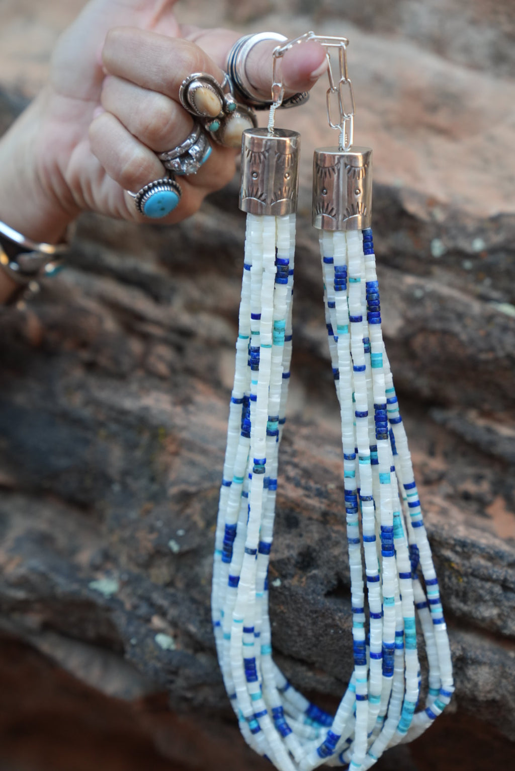 Authentic Native American Handmade Sterling Silver, Mother of Pearl,Lapis, and Kingman Turquoise ,Heishi Bead Necklace.