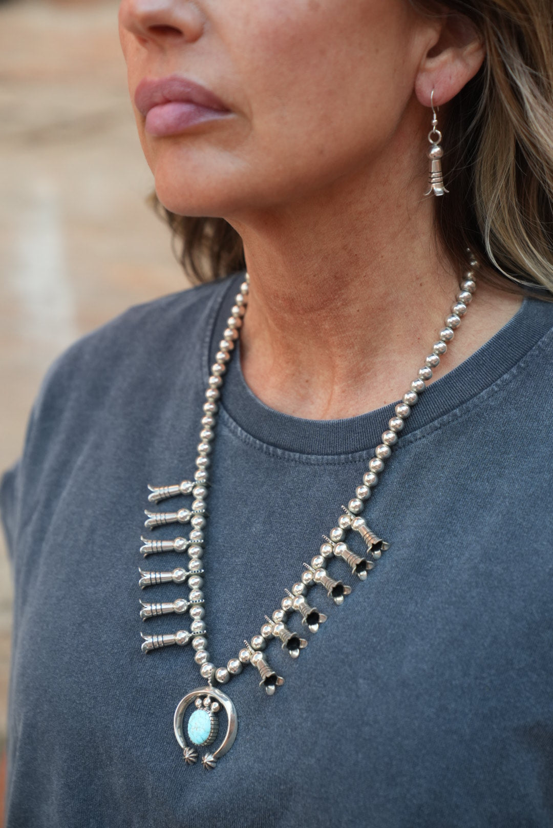 Native American Trent Lee Handmade Sterling Silver Number 8 Turquoise Squash Blossom with matching Earrings