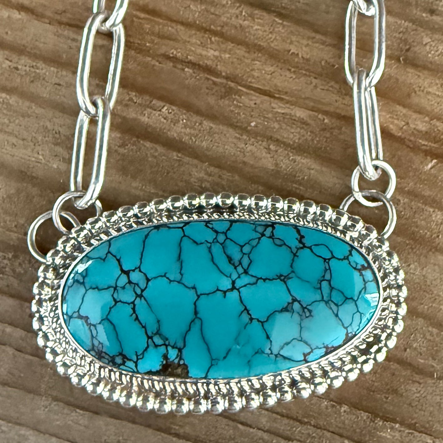 Authentic Native American Handmade Sterling Silver and Turquoise Paper Clip Chain 16”Necklace.