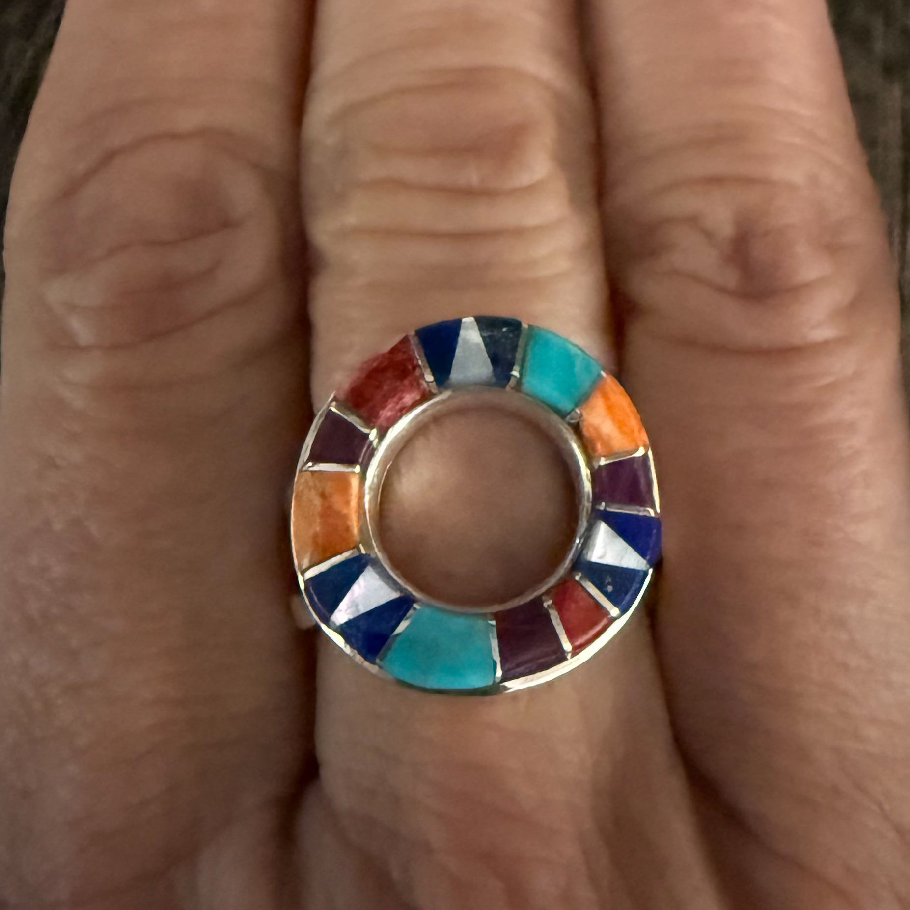 Authentic Native American Handmade Sterling Silver Zuni Inlay Ring by Calvin Begay size 7 3/4.