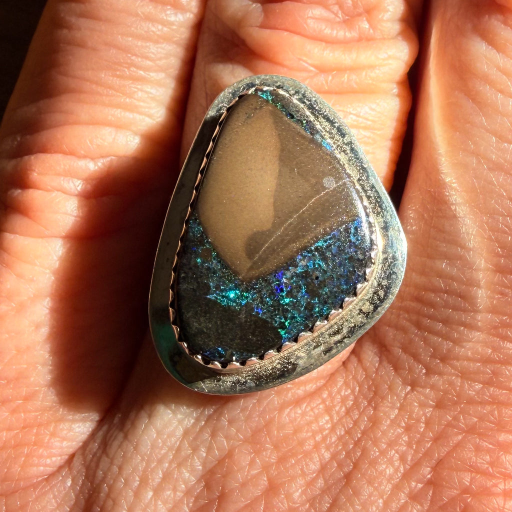 Authentic Native American Handmade Sterling Silver and Australian Opal Ring size 6.