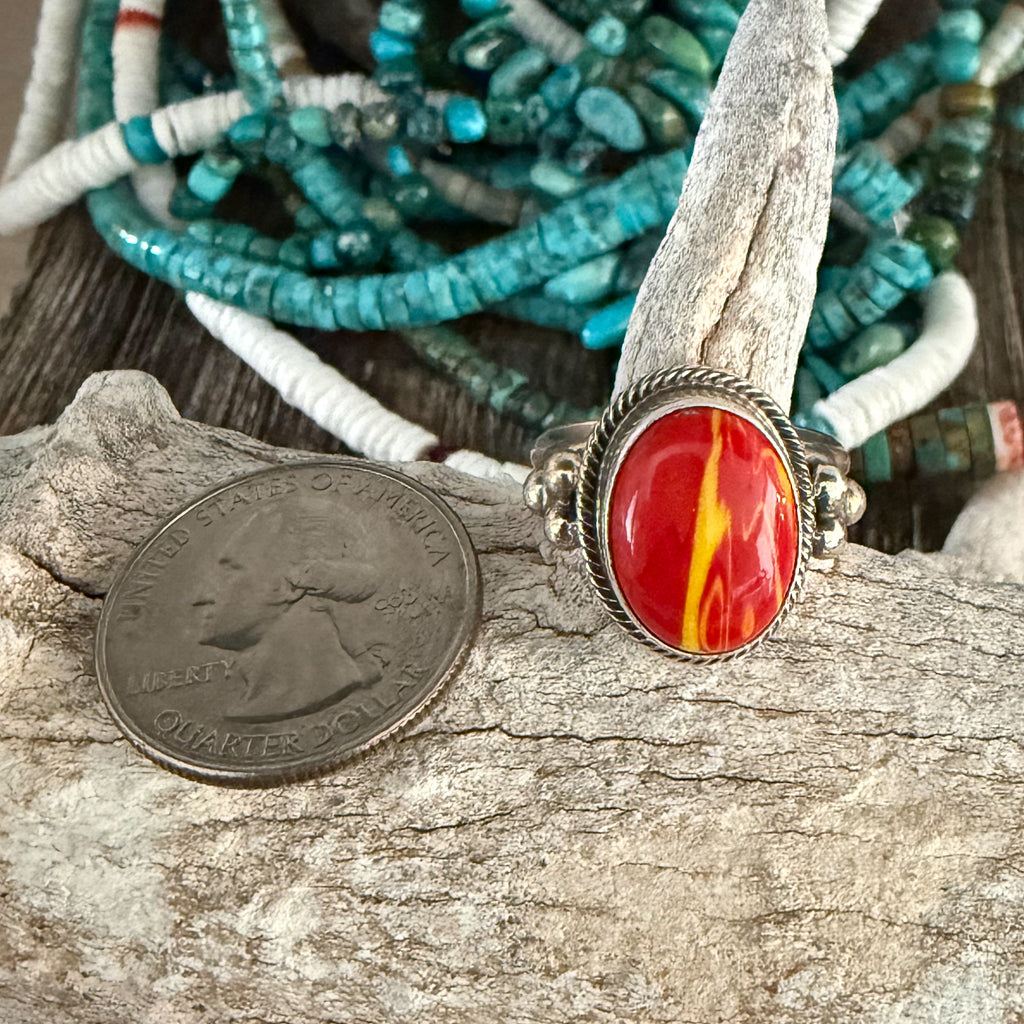 Authentic Native American Handmade Sterling Silver and Red and Yellow Rosarita size 9.
