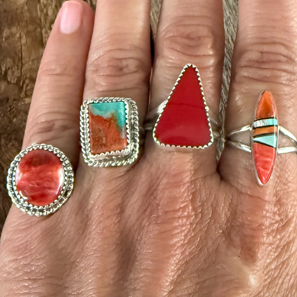 Authentic Native American Handmade Sterling Silver and Red Spiny Oyster Ring Size 5 1/2.
