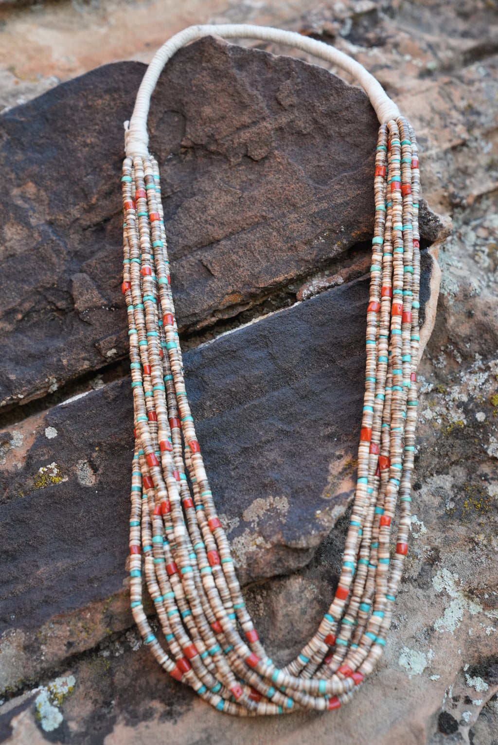 Native American Marquez Tachiini Handmade Olive Shell Heishi, Kingman,Mediterranean Coral Necklace