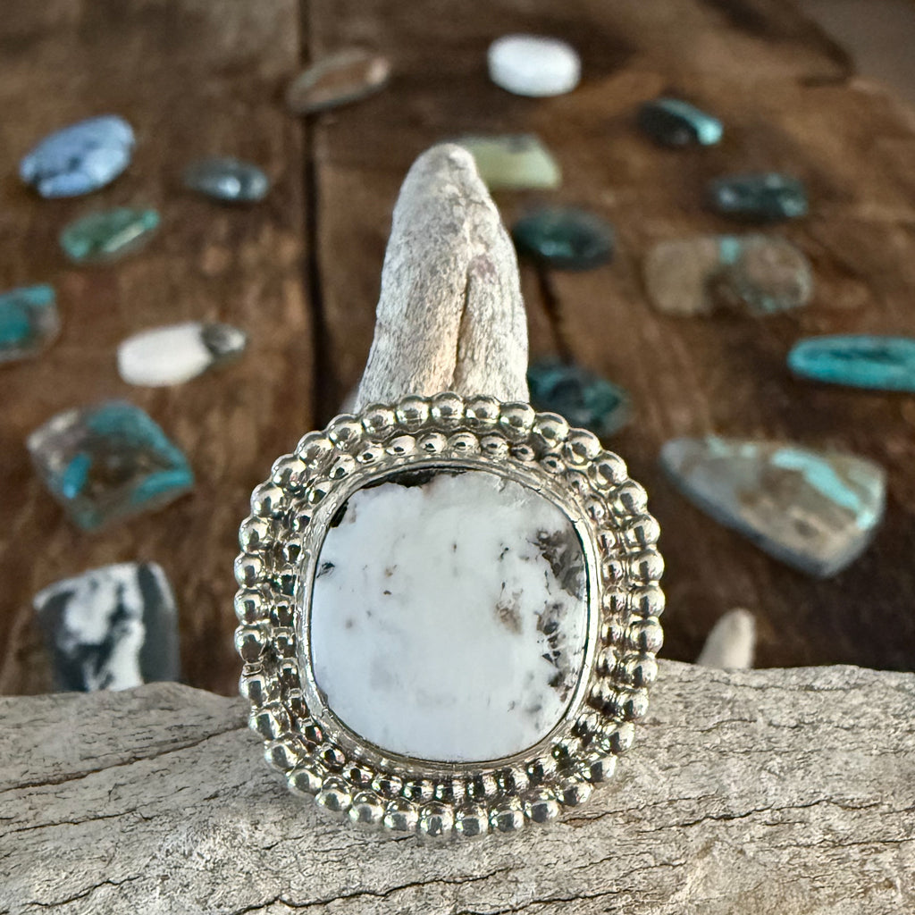 Authentic Native American Handmade Sterling Silver and White Buffalo Ring size 8 1/4.