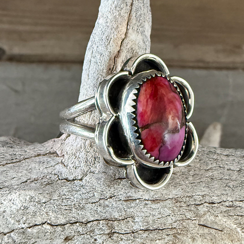 Native American Handmade Sterling Silver and Pink Dahlia Mojave Ring size 8 1/2.