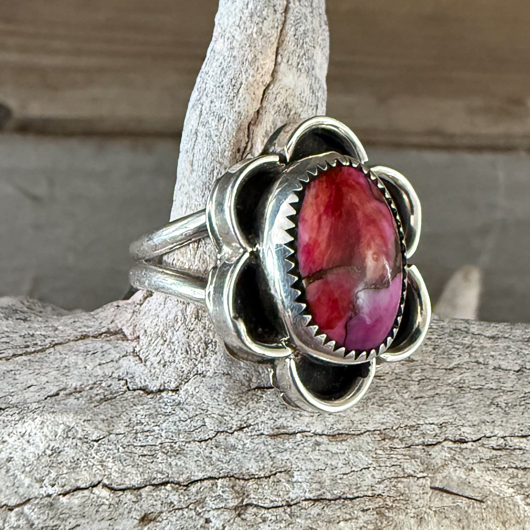 Native American Handmade Sterling Silver and Pink Dahlia Mojave Ring size 8 1/2.