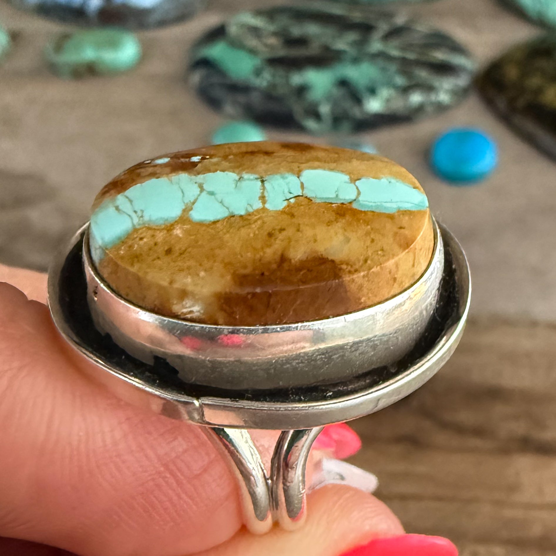 Authentic Native American Handmade Sterling Silver and Royston Ribbon Turquoise Ring size 5 3/4.