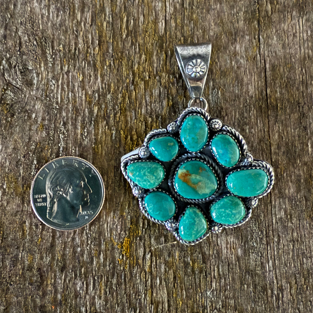 Authentic Native American Handmade Sterling Silver and Turquoise Floral Cluster Pendant