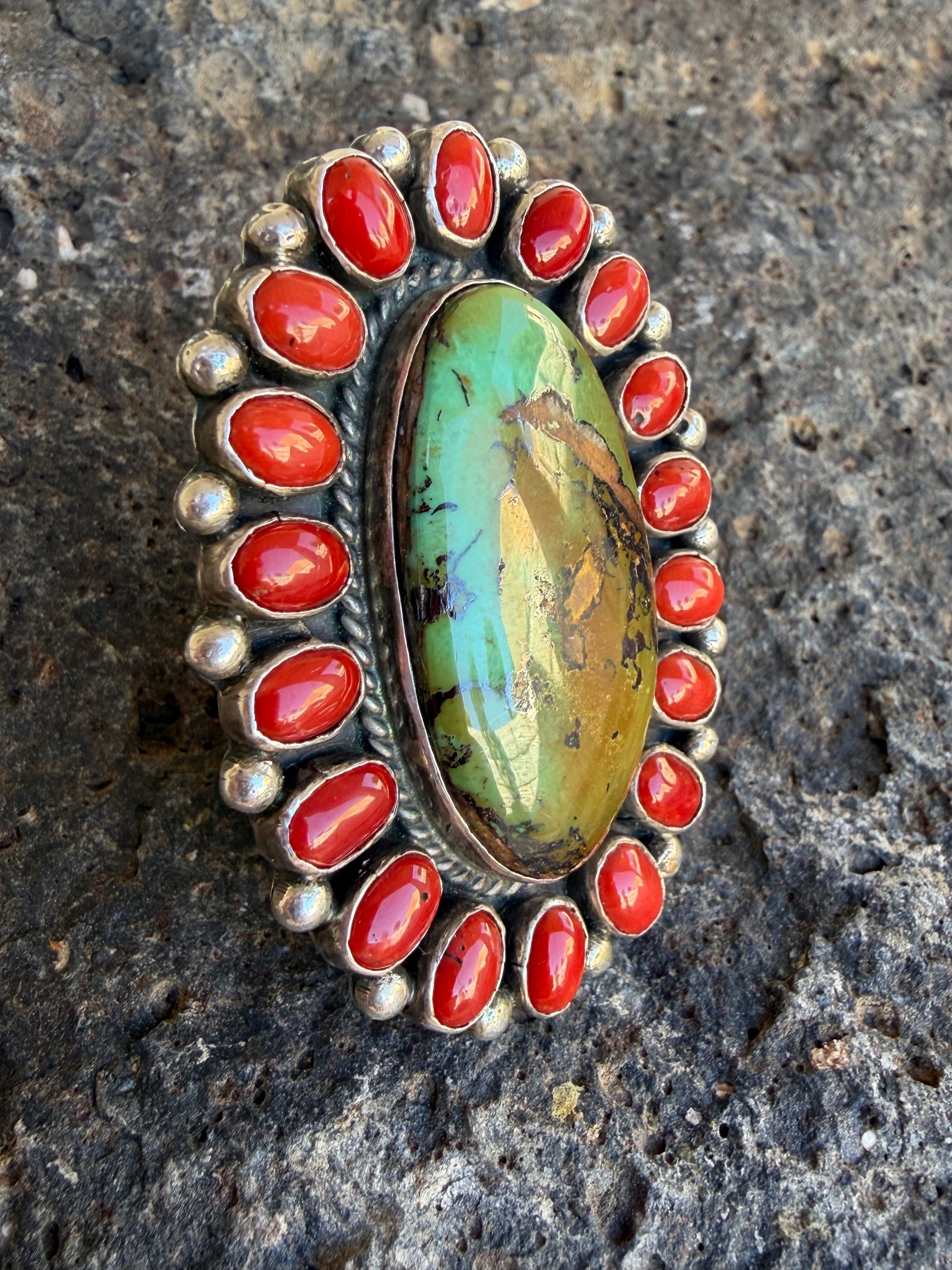 Native American Hemerson Brown Handmade Sterling Silver Coral-Royston Turquoise Ring Size 10