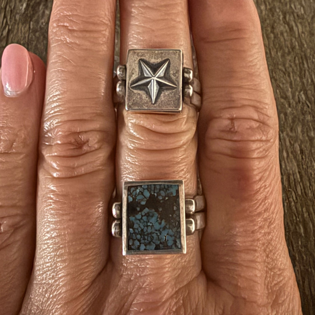 Authentic Native American Sterling Silver and Turquoise Reversible Star Stamped Ring Size 9.