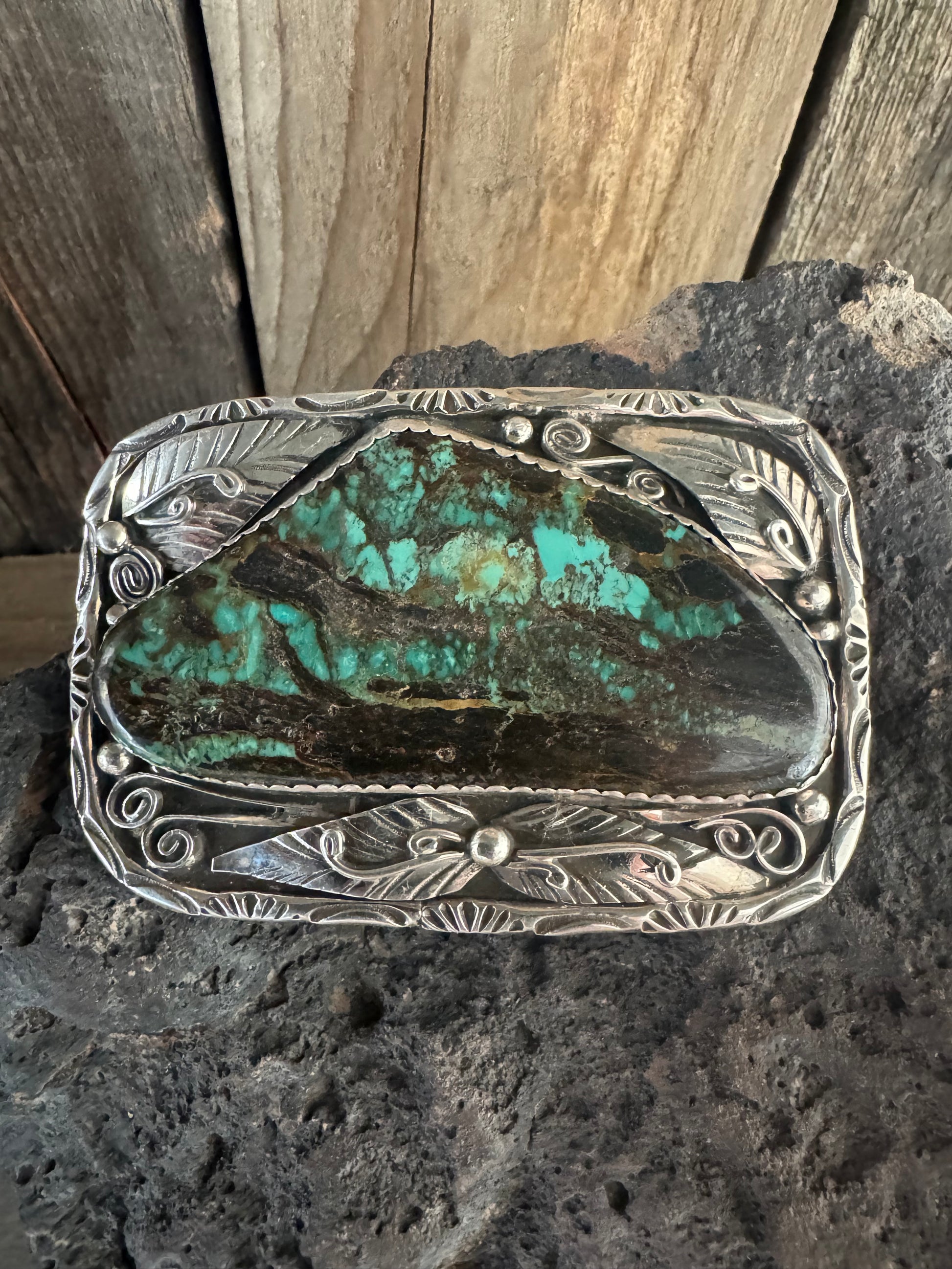Navajo Handmade Sterling Silver Hubei Turquoise Belt Buckle