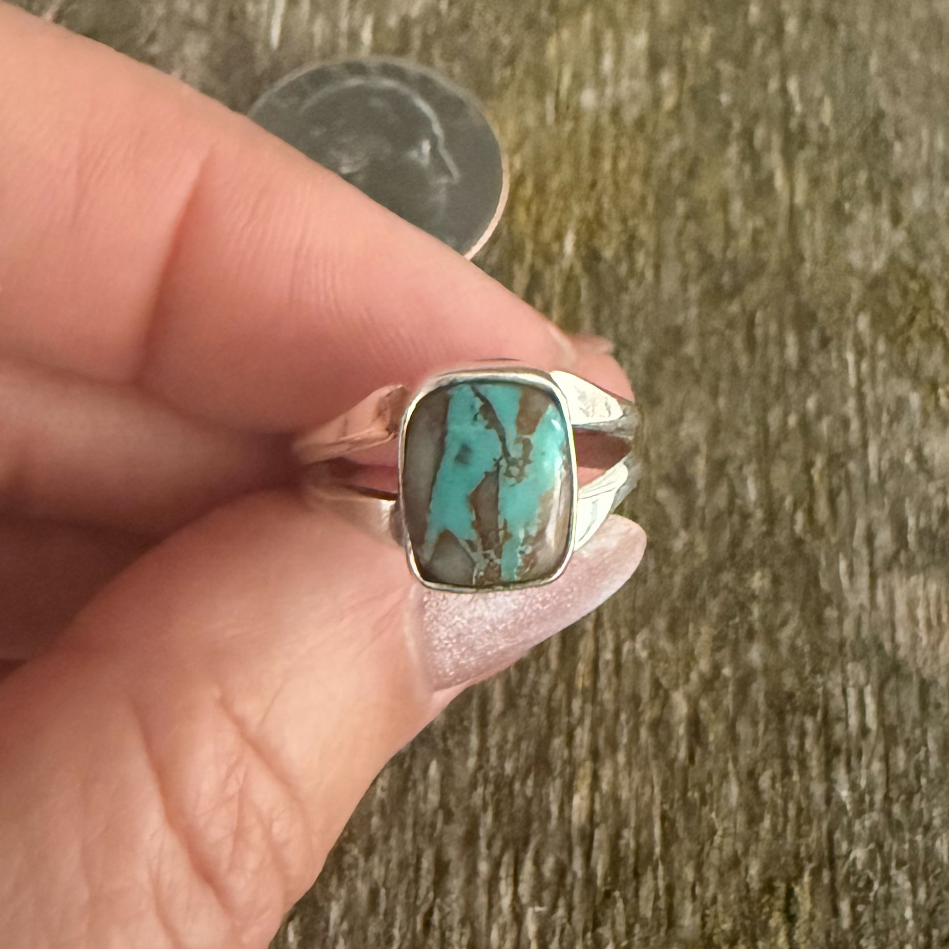 Authentic Native American Handmade Sterling Silver and Royston Ribbon Turquoise Ring Size 6 1/2.