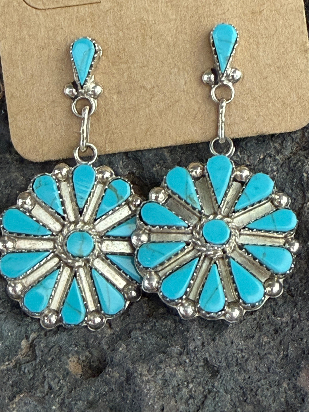 Native American Handmade Sterling Silver Turquoise Cluster Earrings