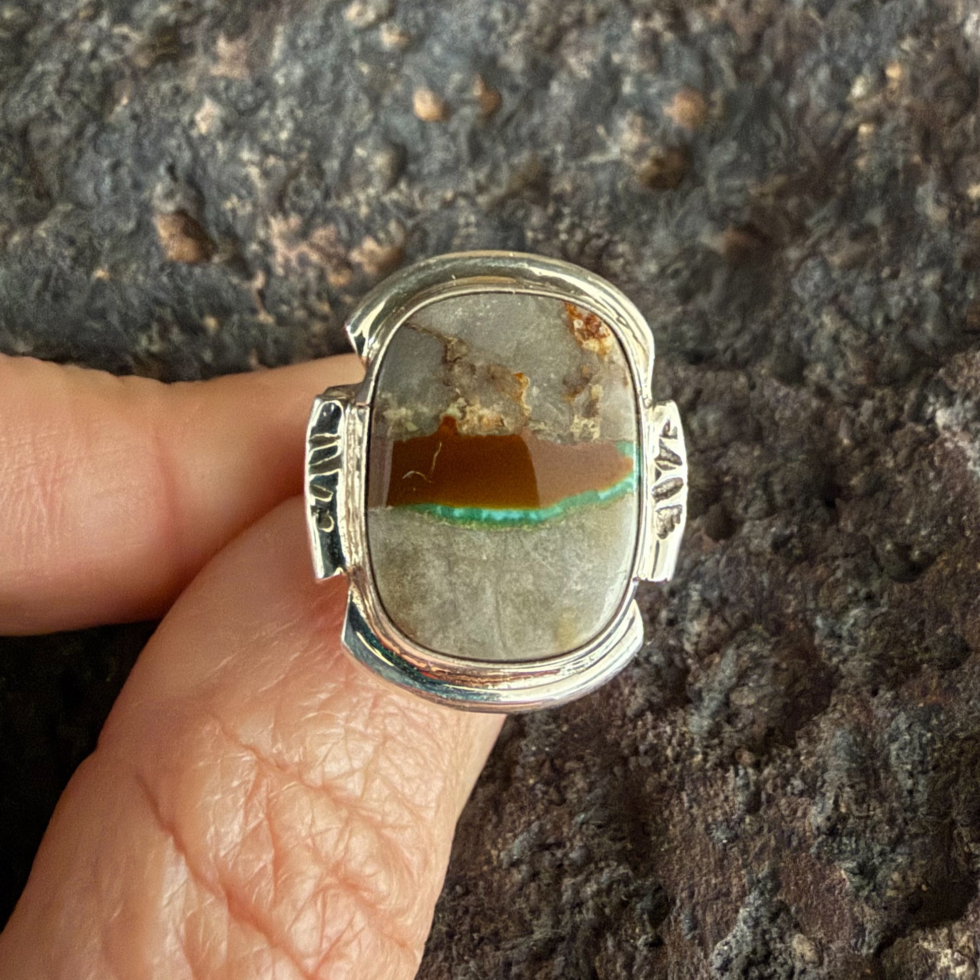 Authentic Native American Handmade Sterling Silver and Pilot Mountain Turquoise size 7.25