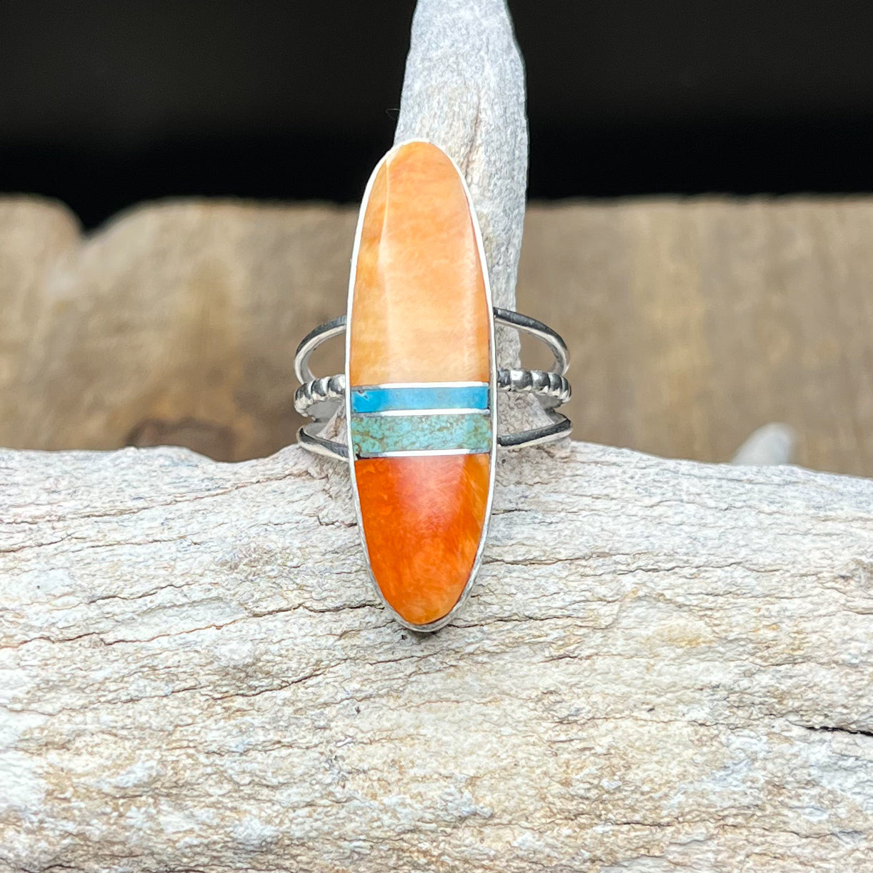 Authentic Native American Handmade Sterling Silver, Spiny Oyster, and Turquoise Ring Size 8 1/4.