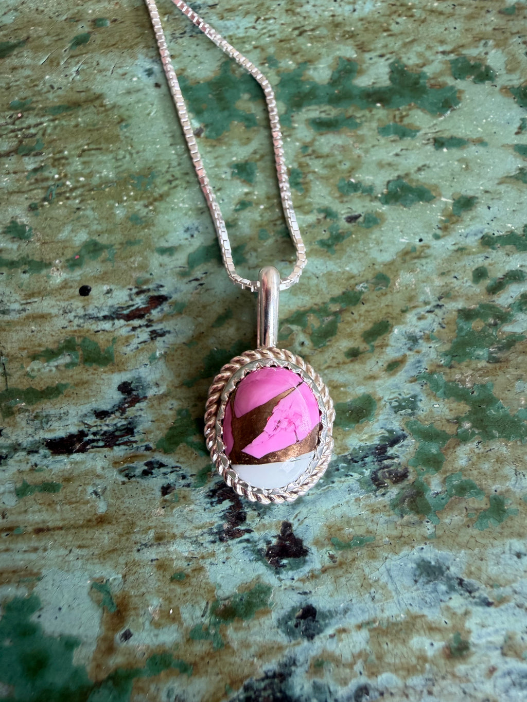Native American Handmade Cotton Candy Pendant and Necklace 18”