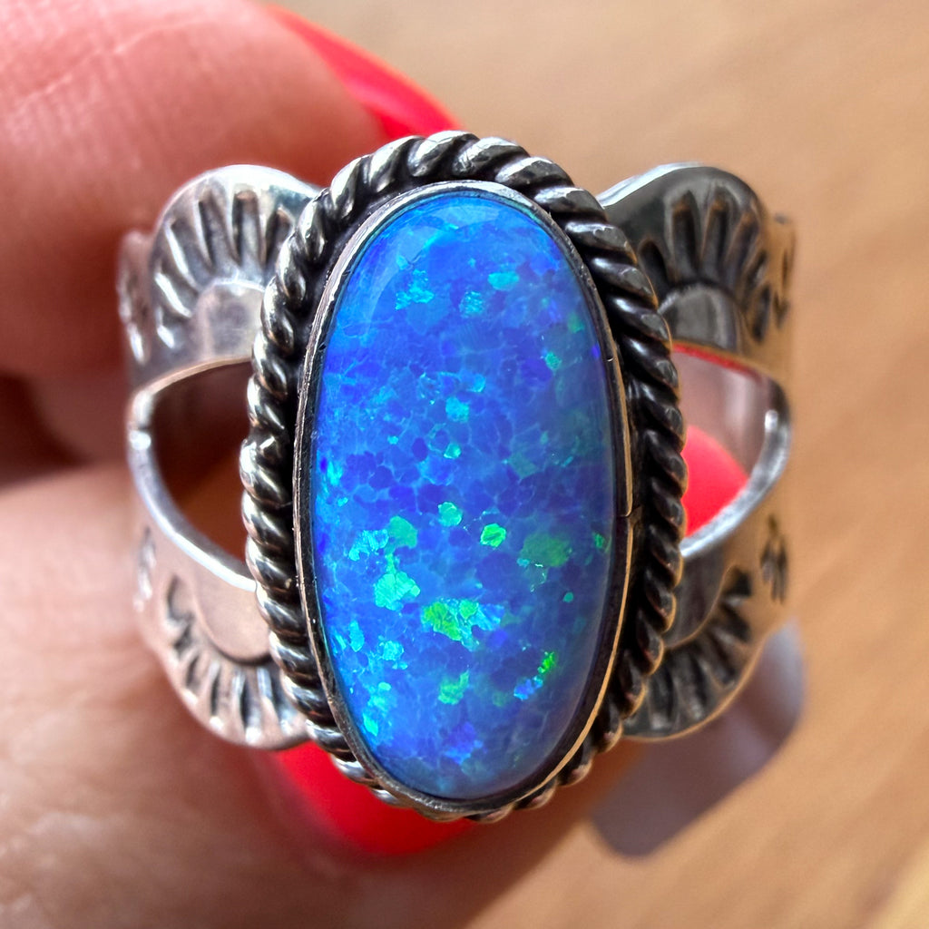 Authentic Native American Handmade Stamped Sterling Silver and Opal Ring size 6 1/4.