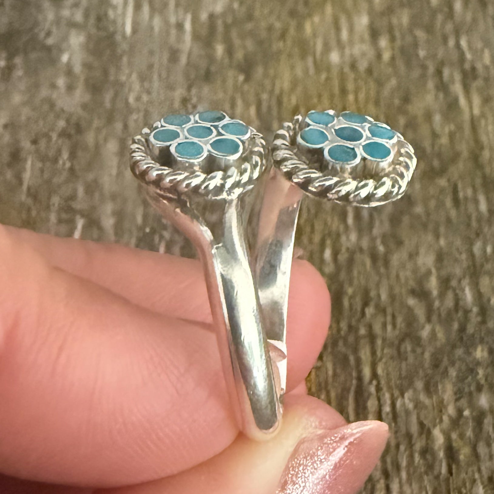 Authentic Native American Handmade Sterling Silver and Turquoise Zuni Inlay Adjustable Ring.