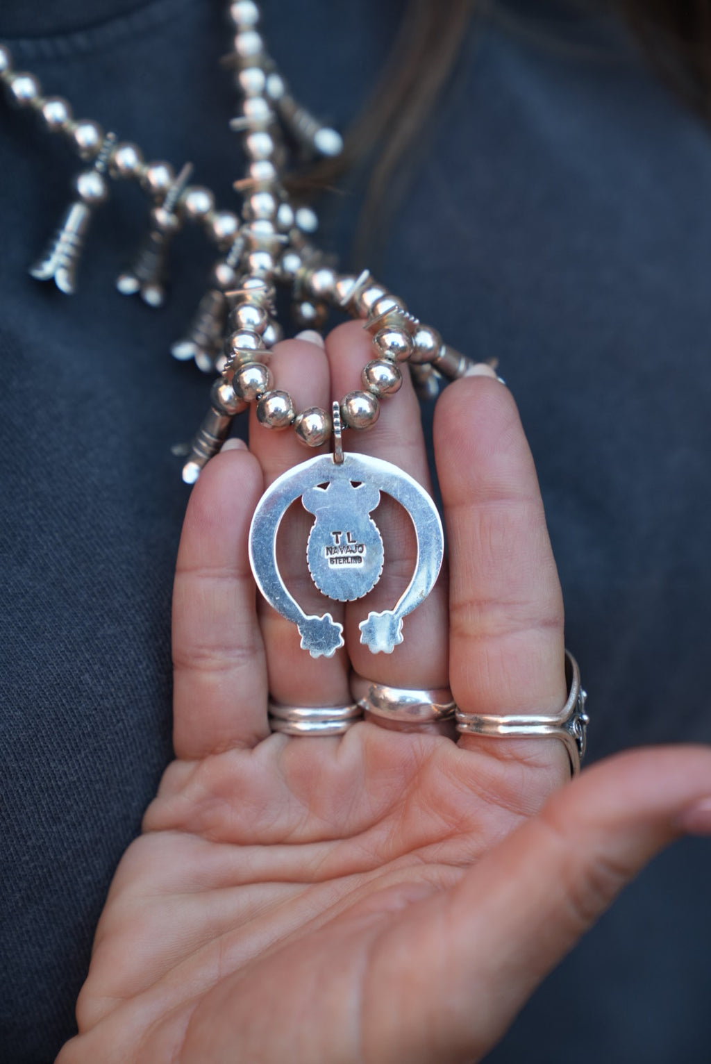 Native American Trent Lee Handmade Sterling Silver Number 8 Turquoise Squash Blossom with matching Earrings