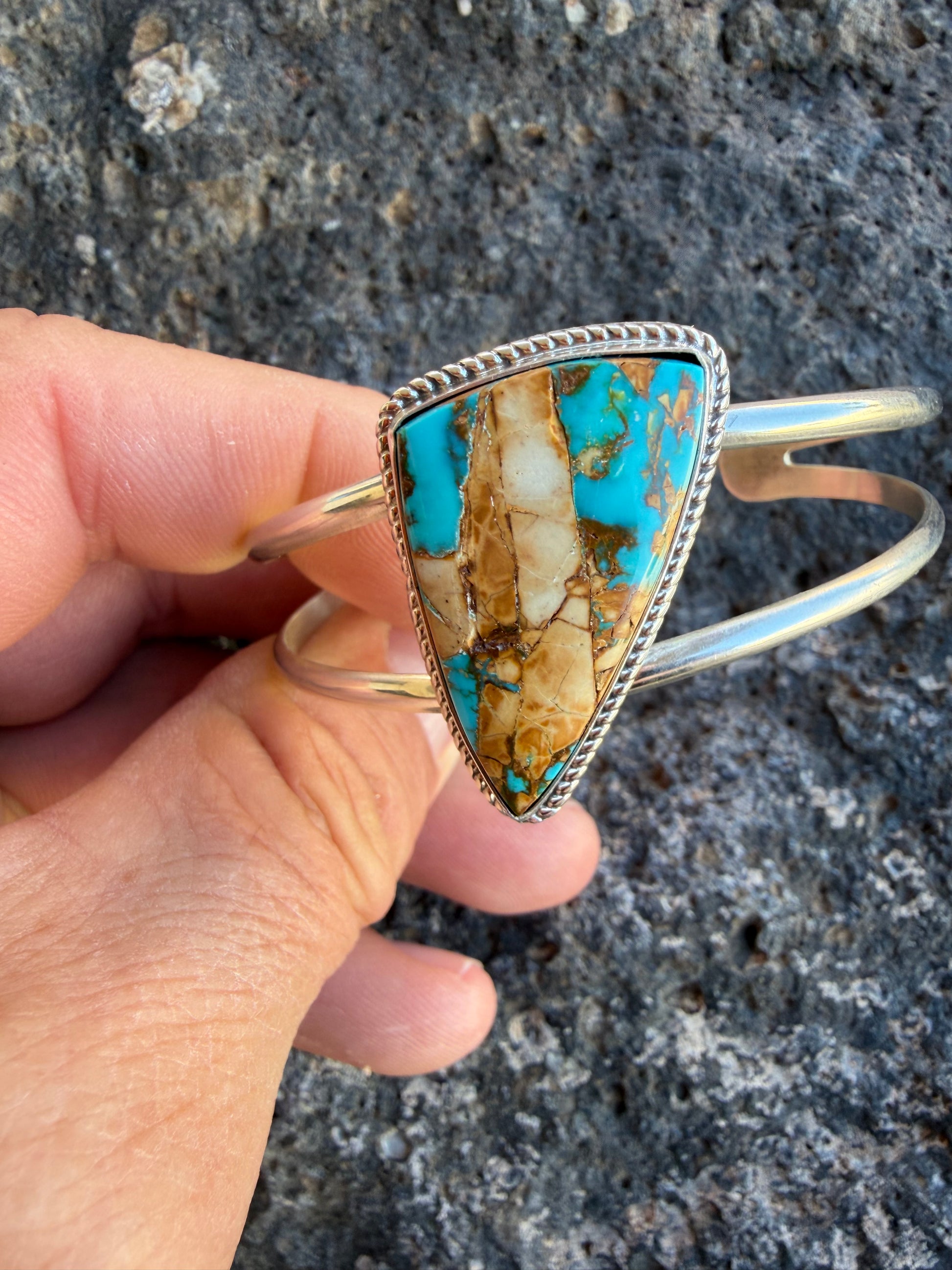 Native American Jennifer Begay Handmade Sterling Silver-Royston Ribbon Turquoise Bracelet-Cuff (Women’s)