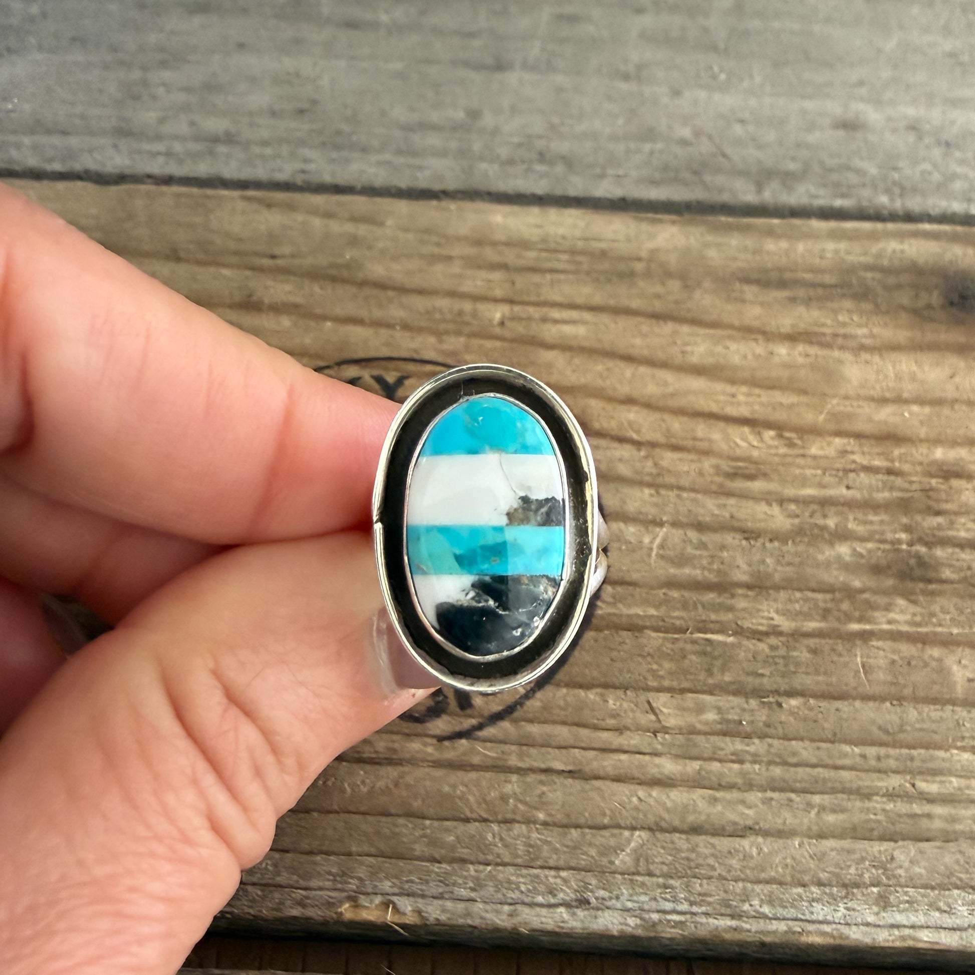 Authentic Native American Handmade Sterling Silver, Turquoise, and White Buffalo Ring size 5 1/2