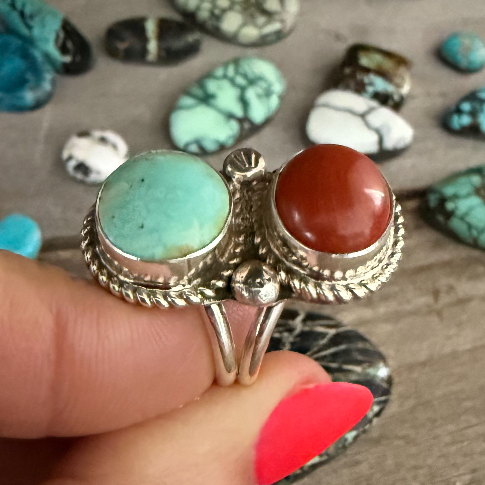 Authentic Native American Handmade Sterling Silver Double Stack Red Jasper and Royston Turquoise Ring size 7 3/4.