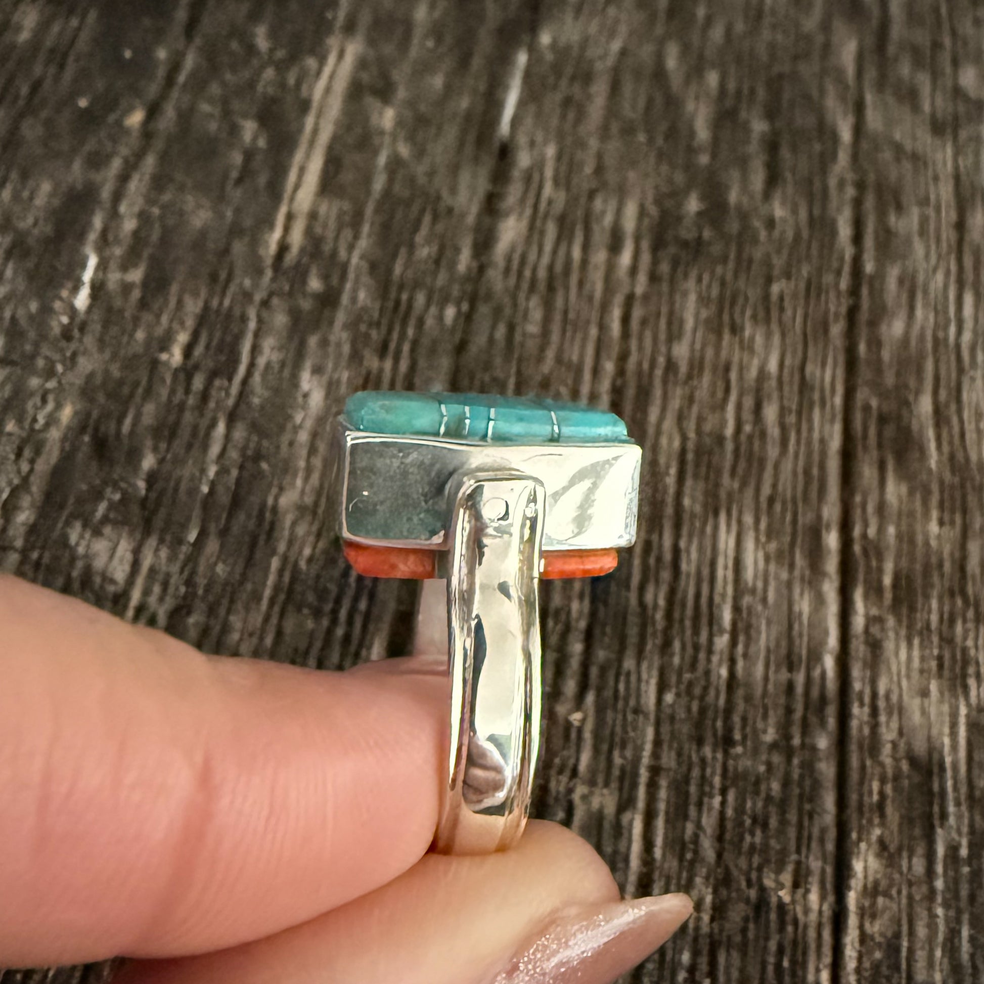 Authentic Native American Handmade by Navajo Artist Calvin Begay Sterling Silver, Turquoise and Spiny Oyster Zuni Inlay Ring Reversible size 5.