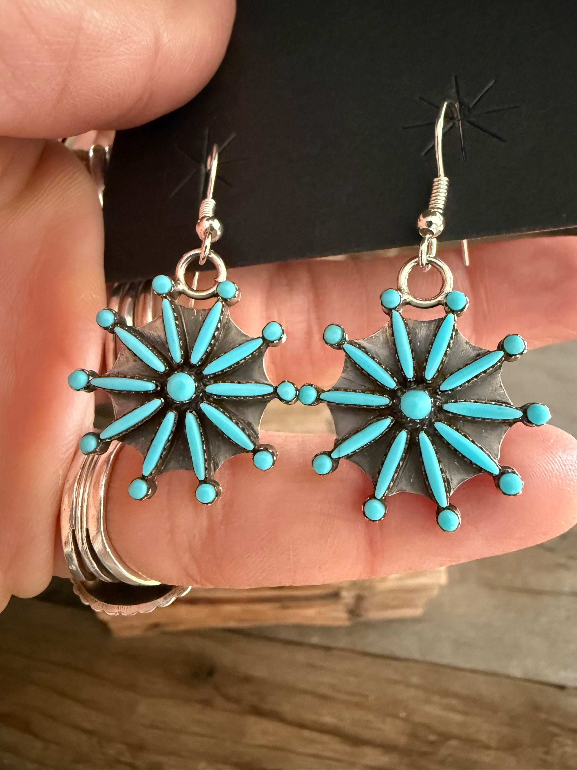 Authentic Native American Handmade Zuni Needle Point Sterling Silver and Turquoise Sibert Bowannie Sr. Earrings