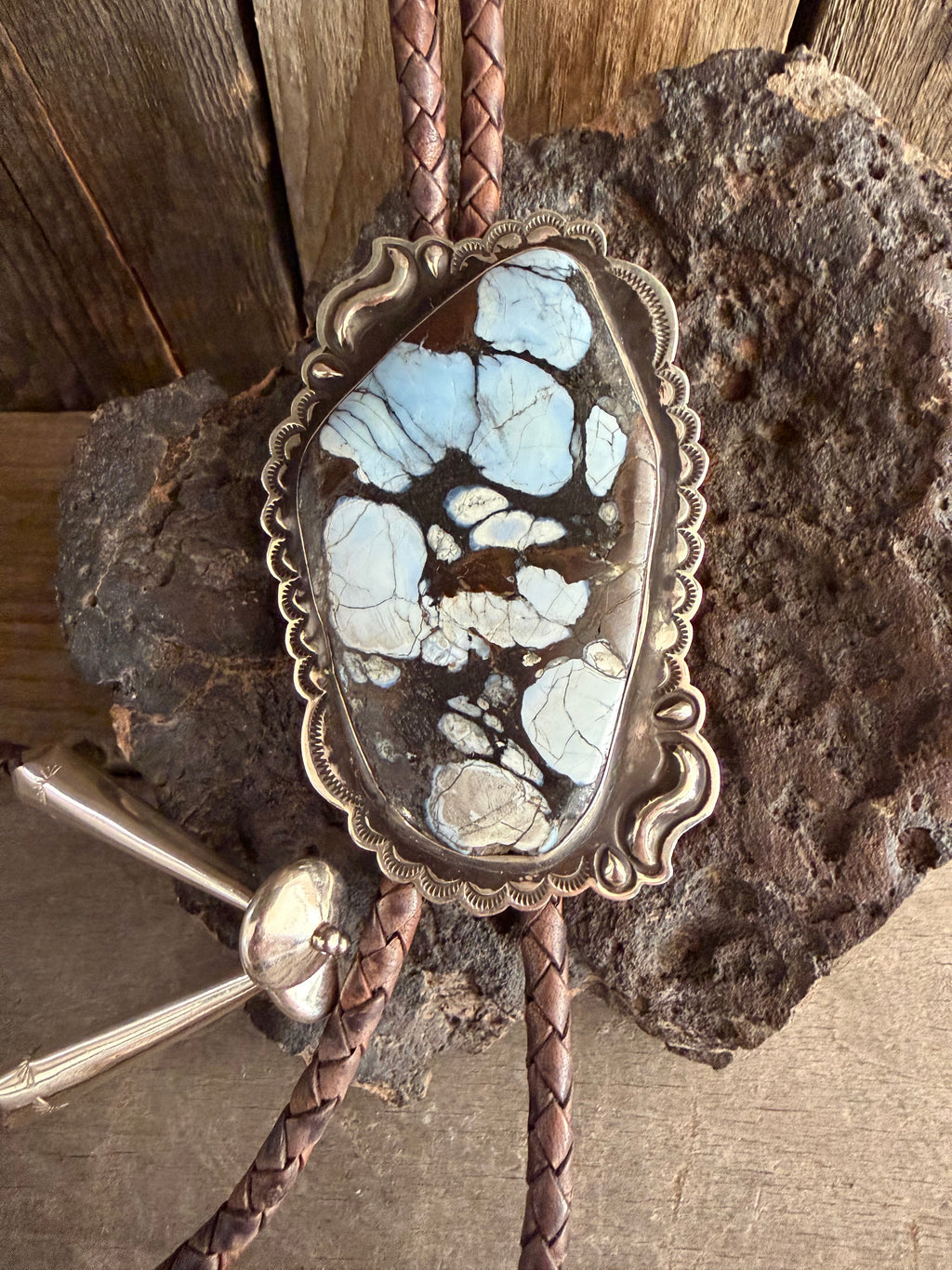 Native Randy Begay Handmade Sterling Silver Blue Lavender Large Bolo Tie 12MM Large Leather w/Large Sterling Tips.