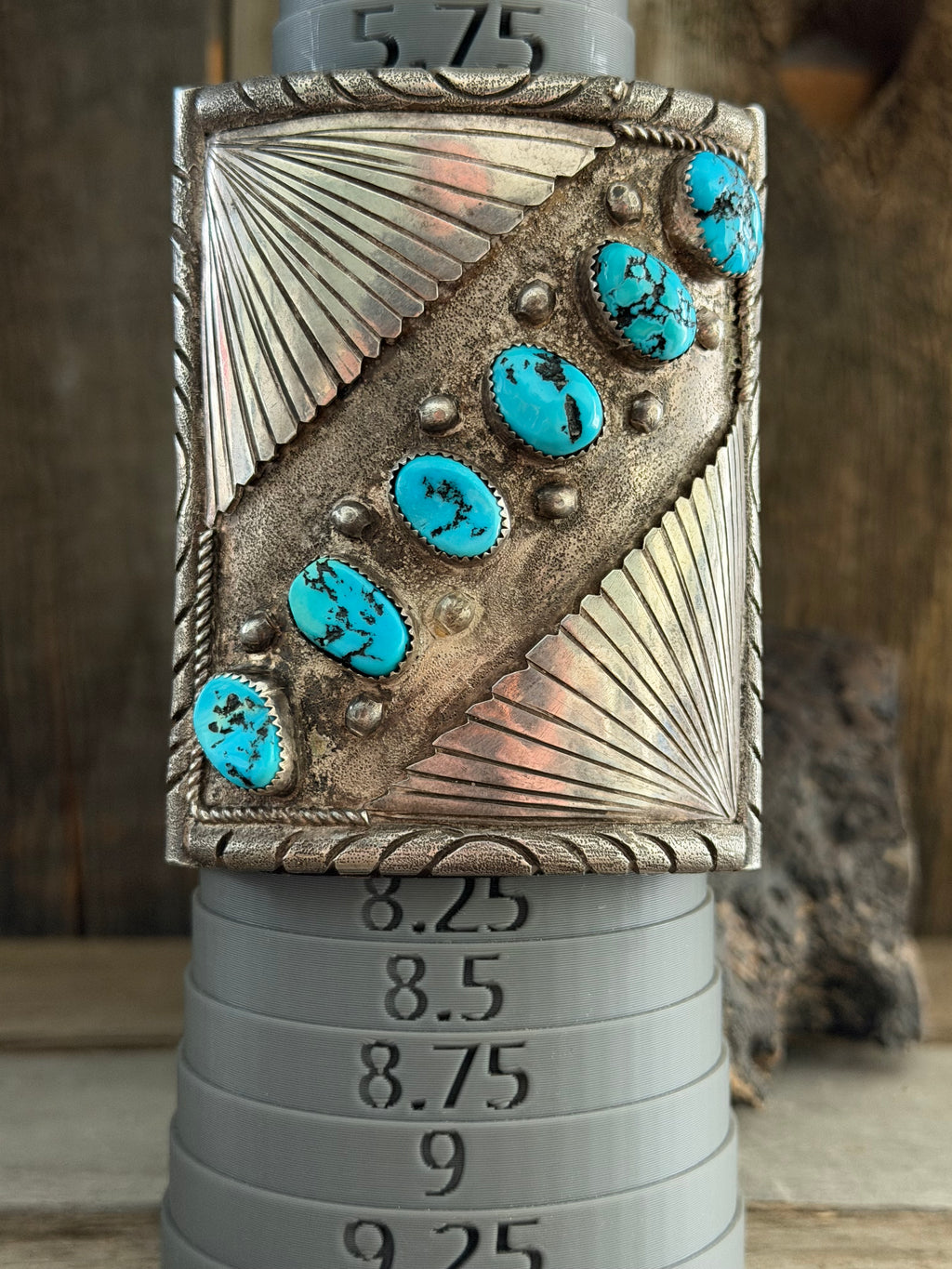 Native American Vintage Handmade Mens Leather- Sterling Silver Cuff Sleeping Beauty Turquoise