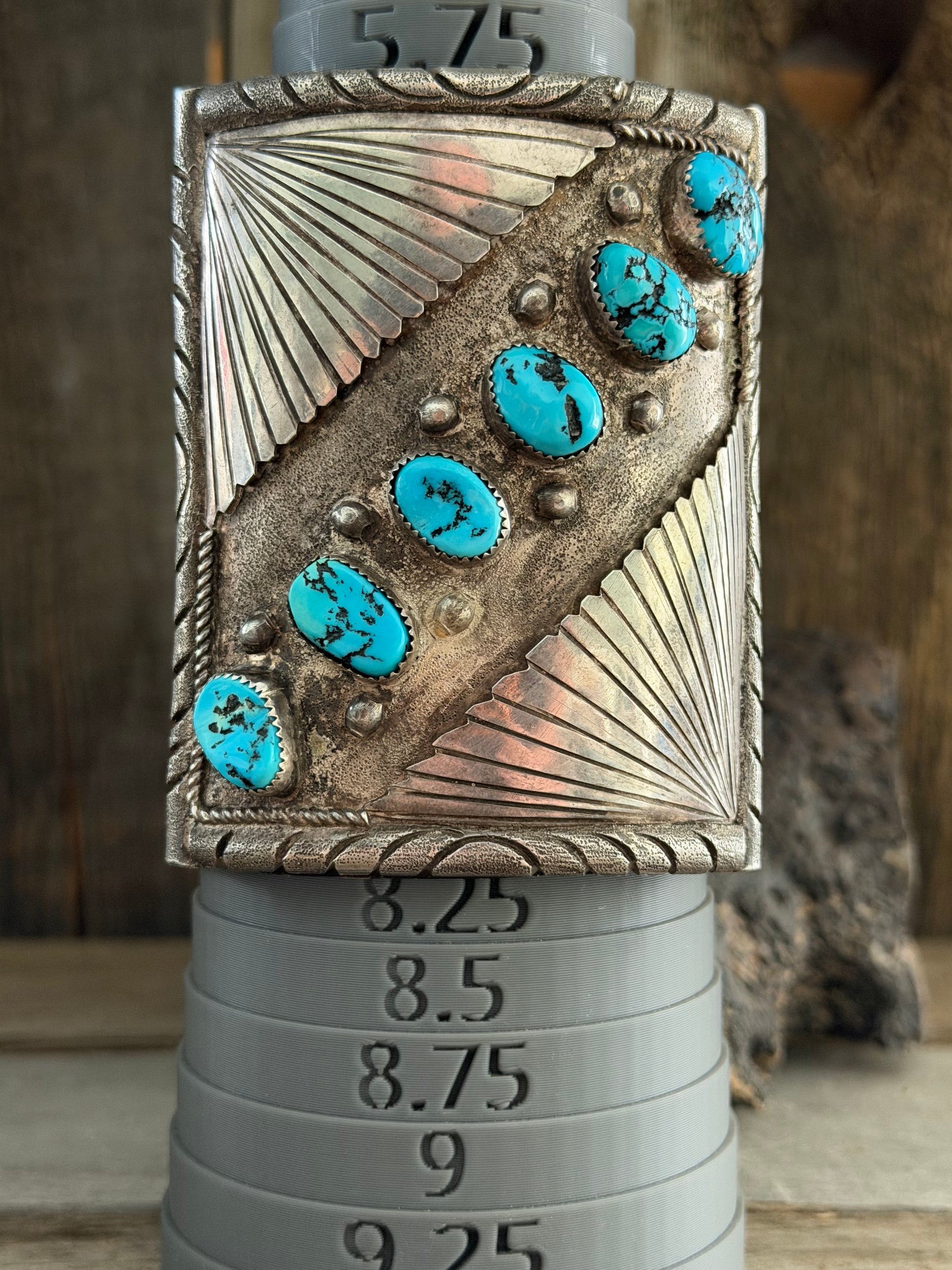 Native American Vintage Handmade Mens Leather- Sterling Silver Cuff Sleeping Beauty Turquoise