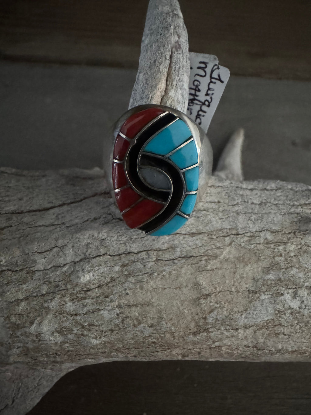 Turquoise-Mother of Pearl-Coral Handmade Ring Size 9.5