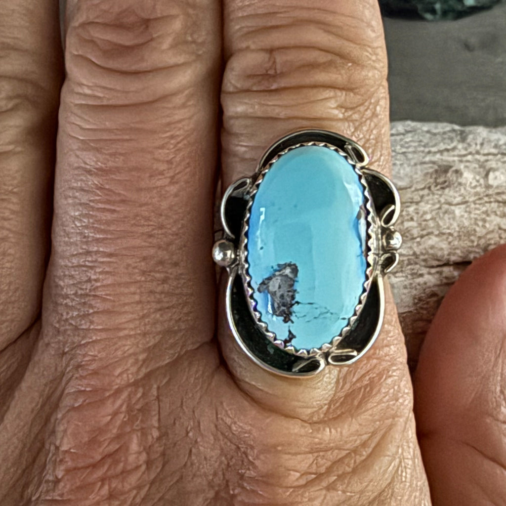 Authentic Native American Handmade Sterling Silver and Golden Hills Turquoise Ring         size 7 3/4