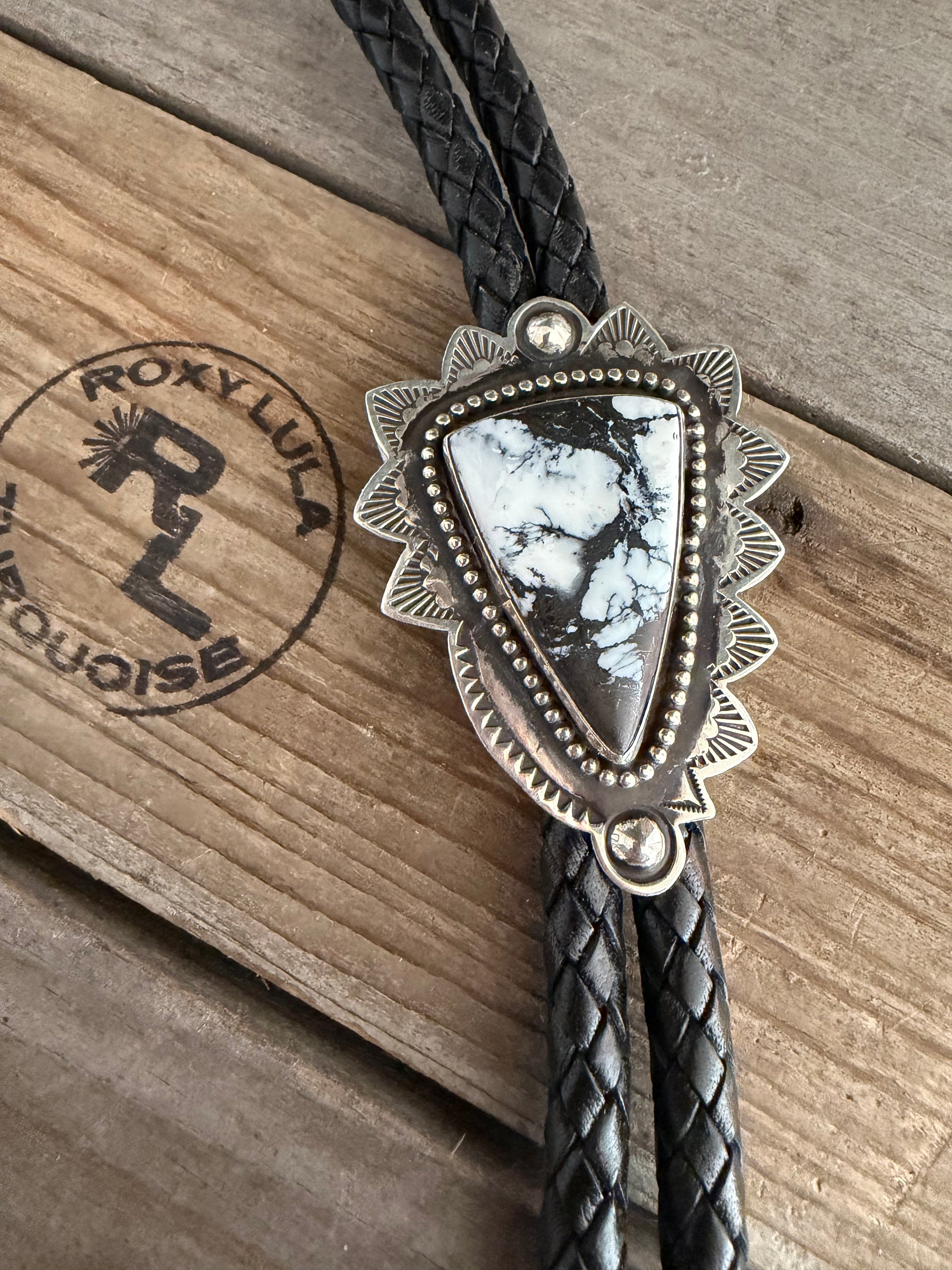 Native American Randy Begay Handmade White Buffalo Sterling  Silver Stamped 12MM Thick Leather Large Sterling Tips