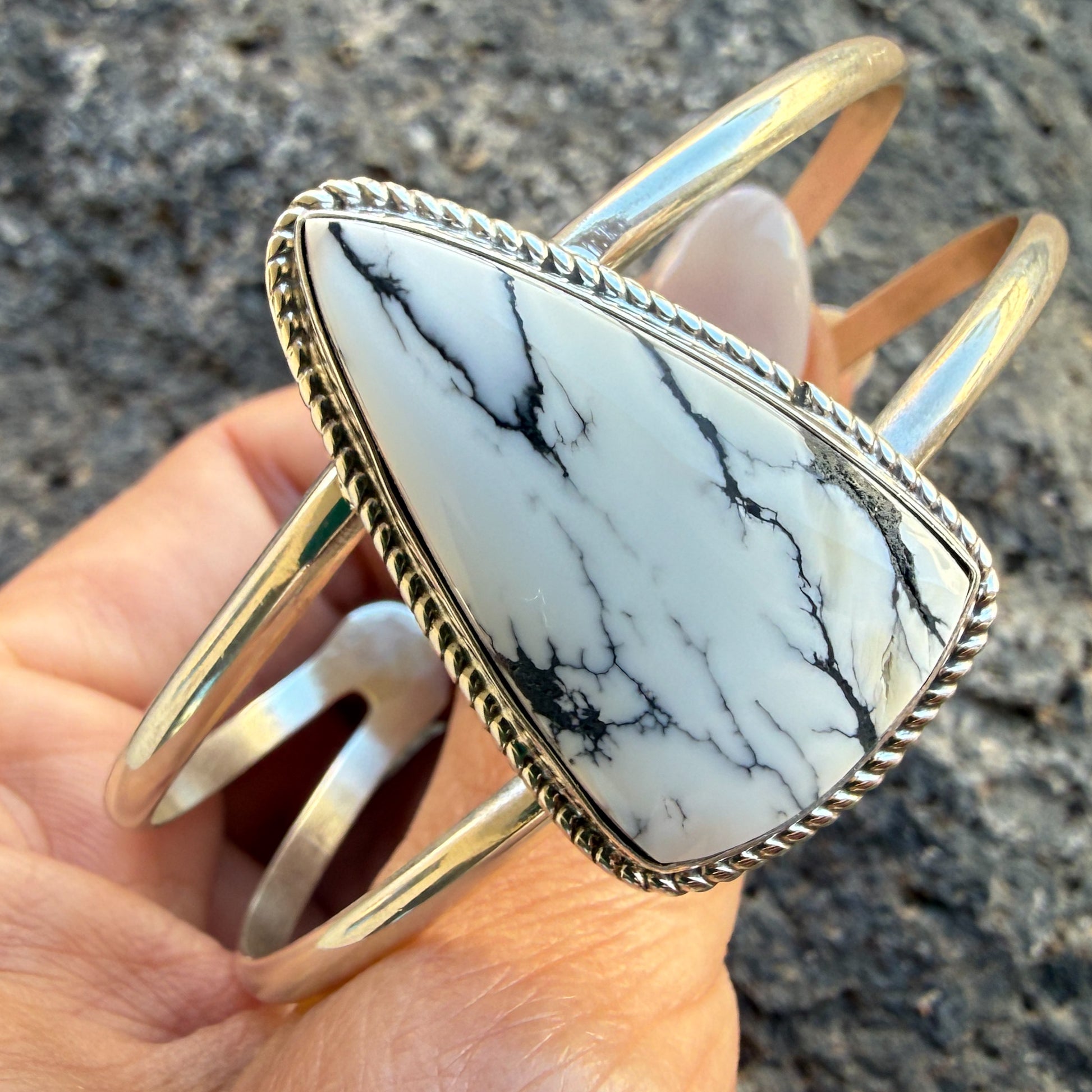 Authentic Native American Handmade Sterling Silver and White Buffalo Cuff Bracelet